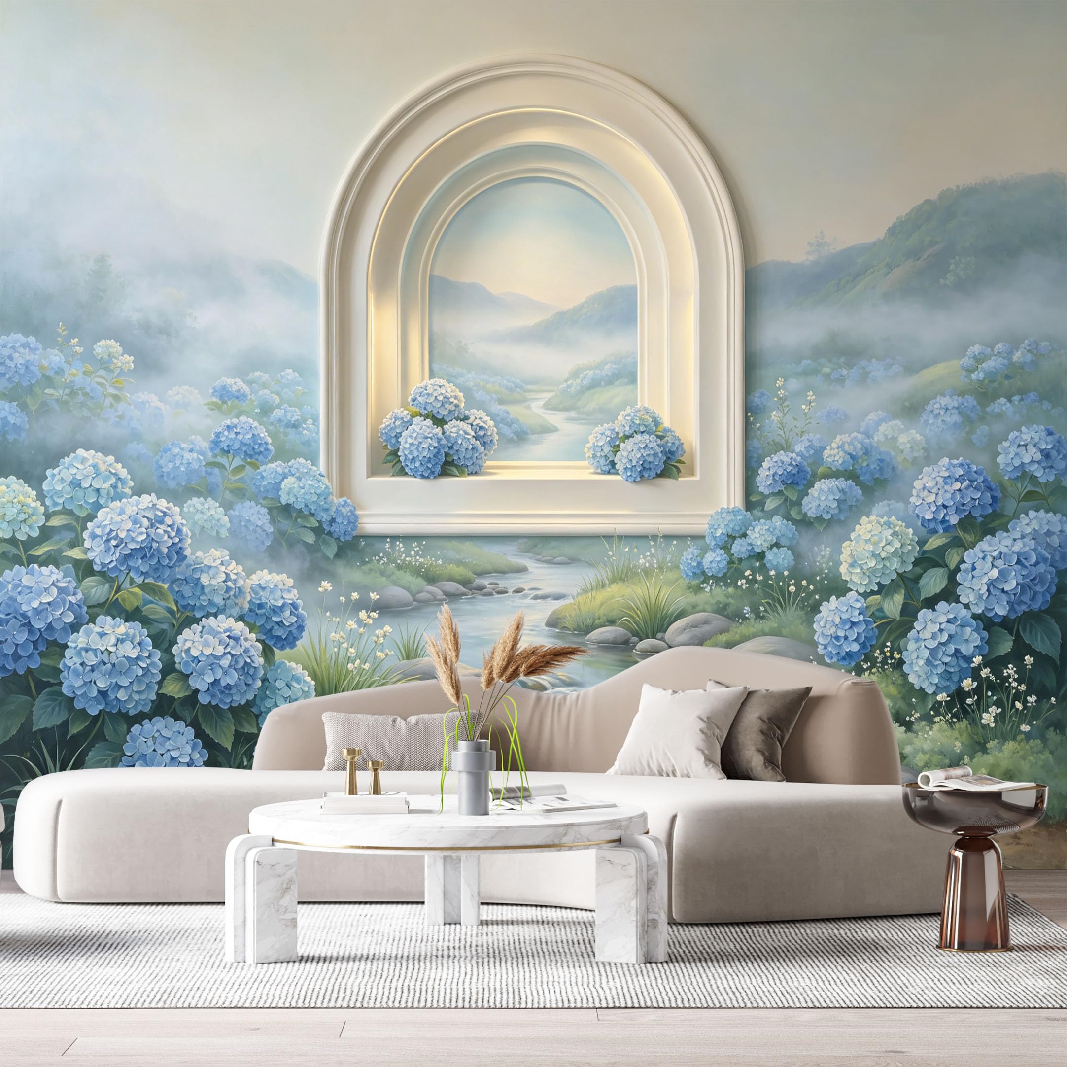 Custom Size Wall Murals Blue Hydrangea Flower Stream Mountain Landscape 3D Trompe L'Oeil SelfAdhesiveWall Fabric Removable Wallpaper Wall Decor for Living Room Bedroom Bathroom