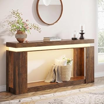 Loomie 63" Long Console Table with LED Lights & Power Outlet, 2-Tier Farmhouse Sofa Table Behind Couch with Storage, Narrow Entryway Tables with Heavy Duty Base for Living Room, Hallway Brown