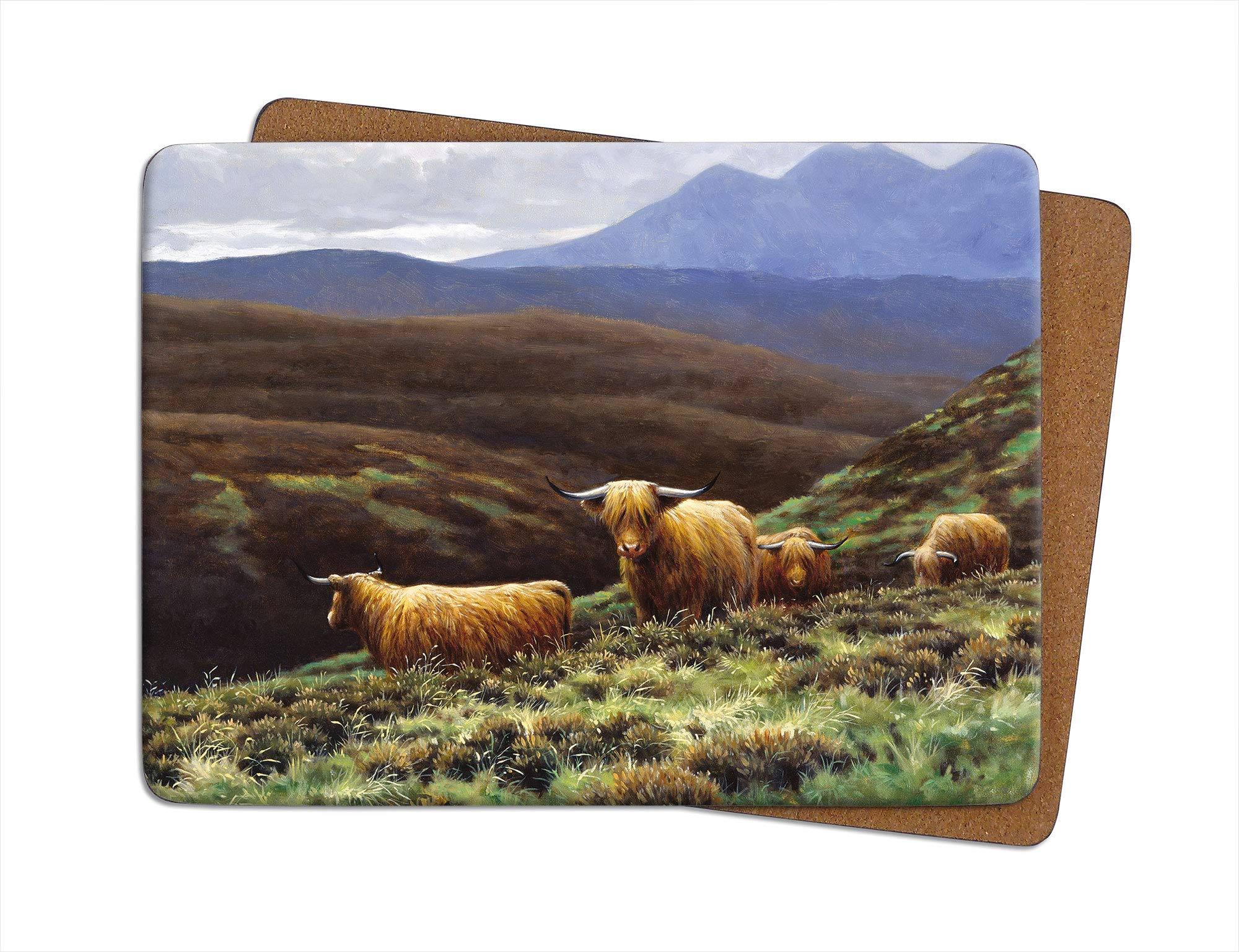Julian Friers Multicolor Highland Cattle Large Table Mat By Wildlife Artist Non-Slip - Cork-Backed Placemat