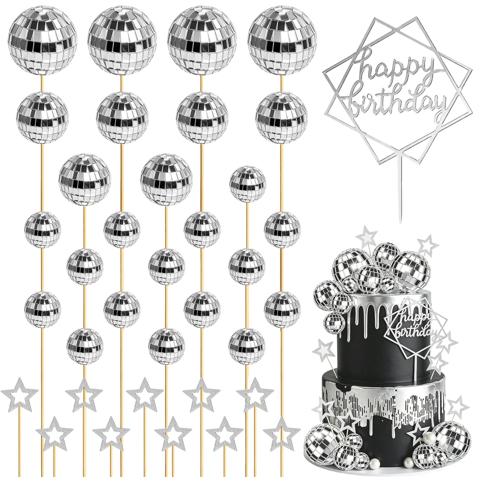 Disco Ball Cake Decorations Purple Cake Bow Balls Cupcake Topper(Silver)