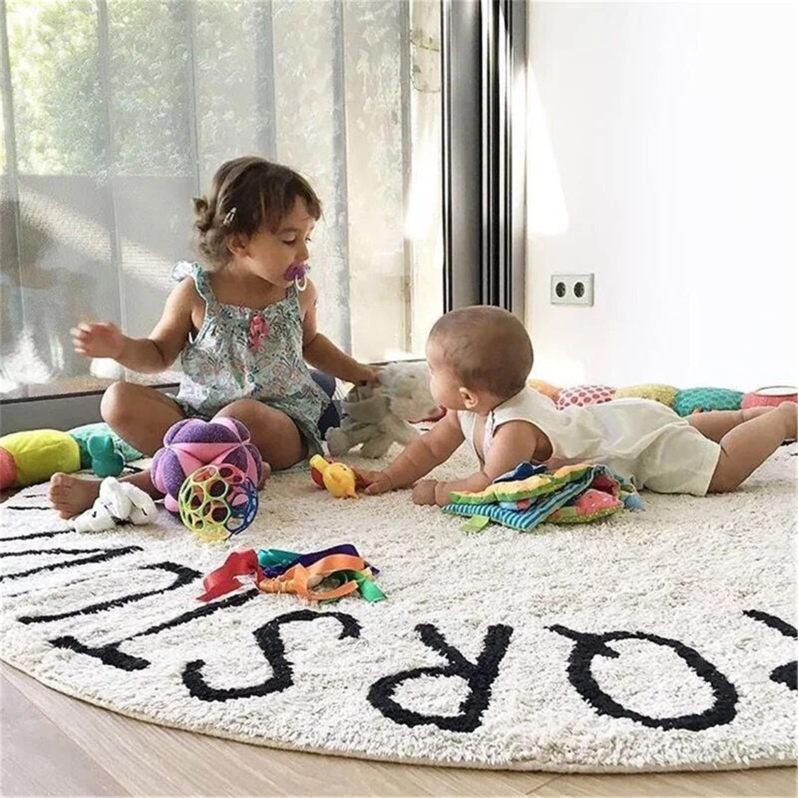SWECOMZE Rund Weich Alphabet Kinder Teppiche rutschfeste Waschbare Kinder Pädagogischer Lernteppich für Schlafzimmer Wohnzimmer Spielteppich Für Kinderzimmer (Rosa,120 * 120CM)