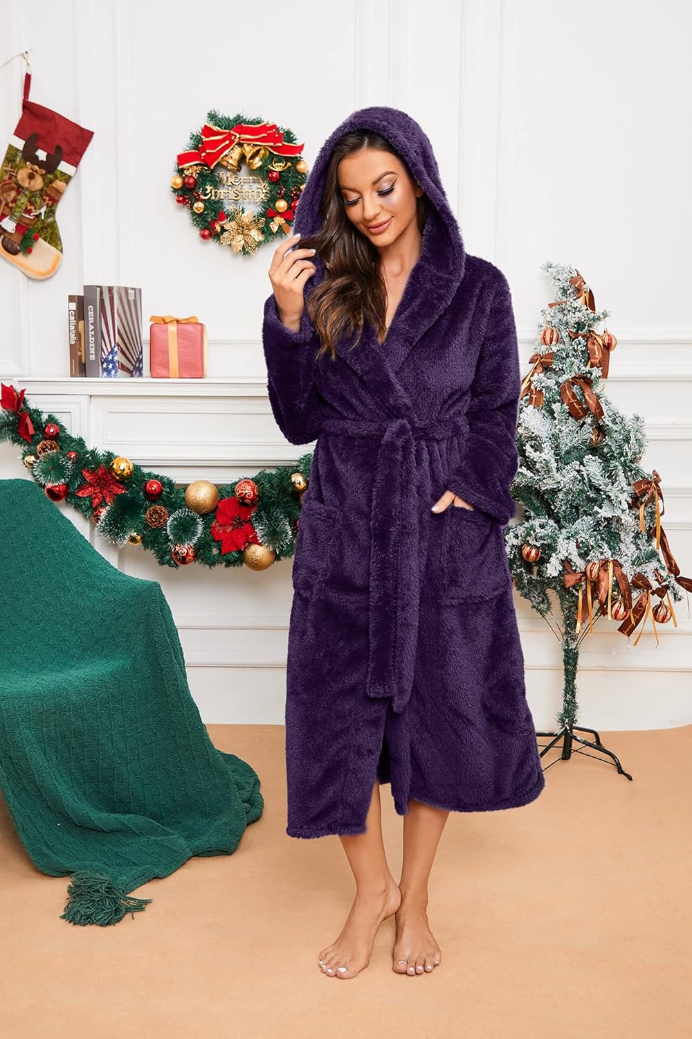 HEARTNICE Womens Hooded Fleece Robe, Thick Warm Plush Bathrobe for Women, Long Fluffy Comfy House Coat Long Fur Fleece - Image 6