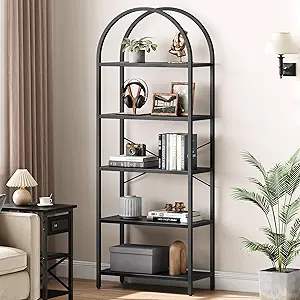 IDEALHOUSE Bookshelf 5 Tier Bookcase Arched Display Racks Tall Standing Bookshelves Metal Frame Open Storage Rack Shelf Large Black Book Shelf for Bedroom, Living Room, Home Office