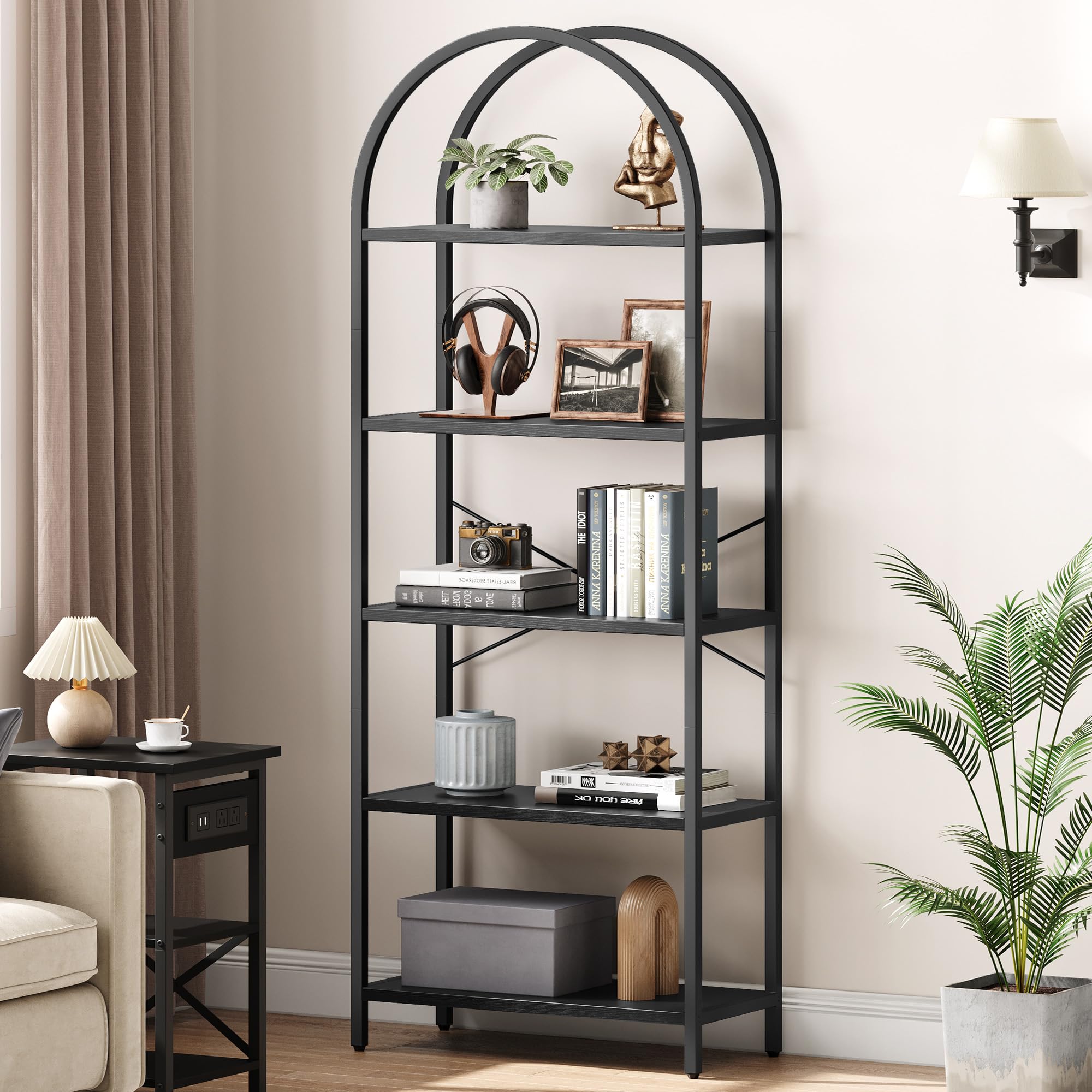 IDEALHOUSE Bookshelf 5 Tier Bookcase Arched Display Racks Tall Standing Bookshelves Metal Frame Open Storage Rack Shelf Large Black Book Shelf for Bedroom, Living Room, Home Office