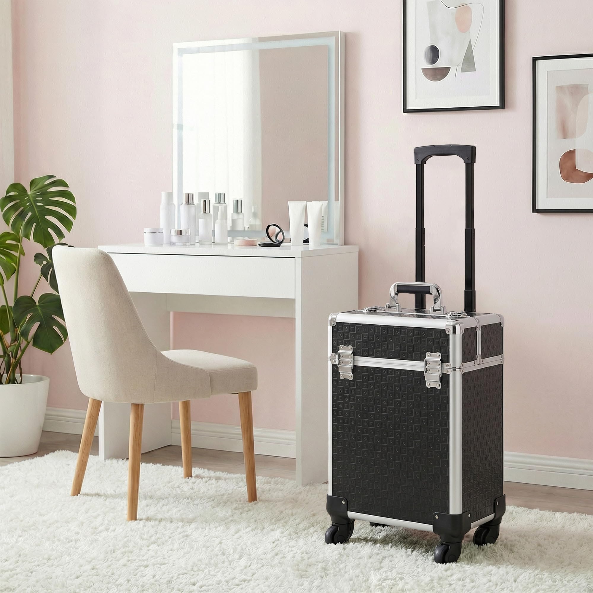 HOMCOM Maleta de Maquillaje Profesional con Ruedas, Maletín de Maquillaje con Mango, 2 Bandejas, Compartimento Inferior, Cerradura y 2 Llaves, para Salón, Peluquería, Negro