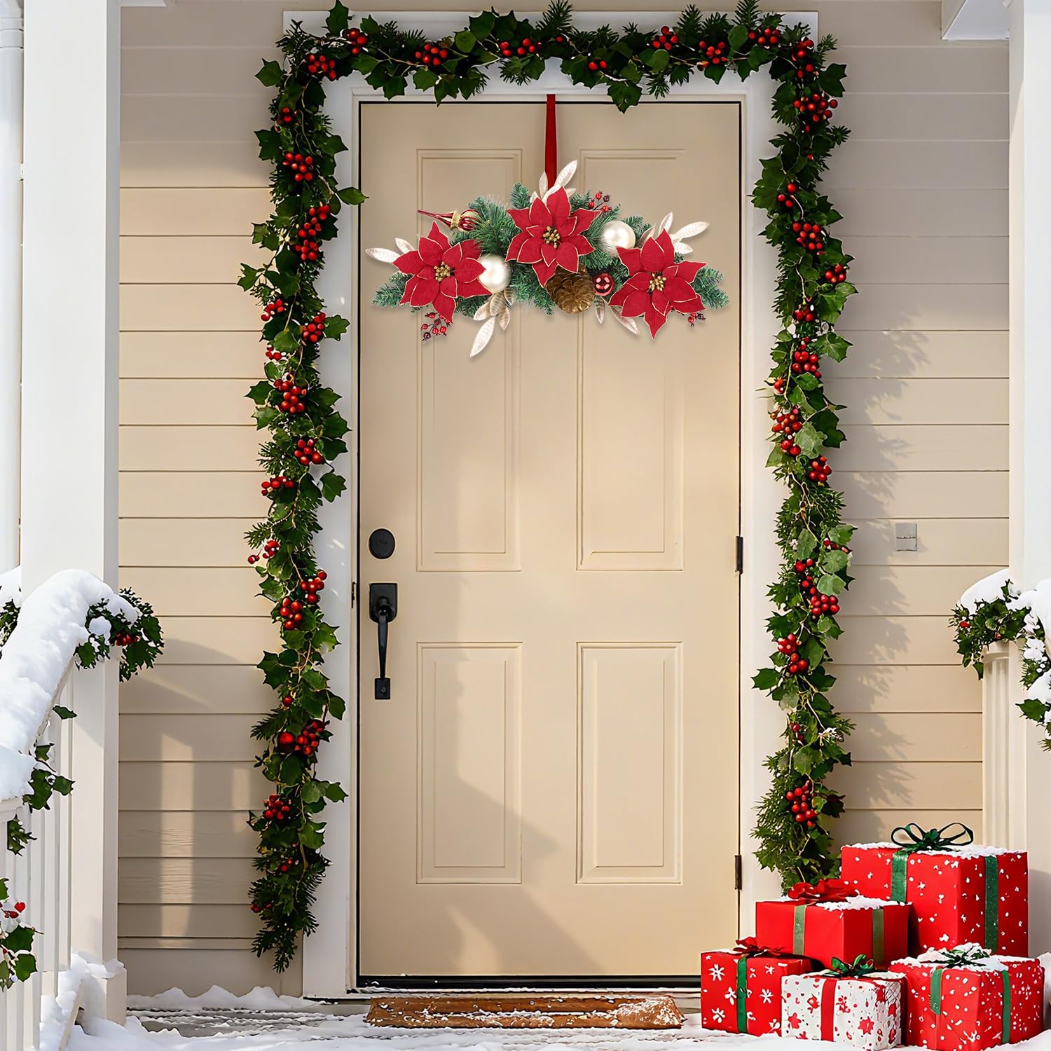 Couronne De Noël 65 Cm Avec Poinsettia Et Boules - Décoration Porte, Mur, Cheminée