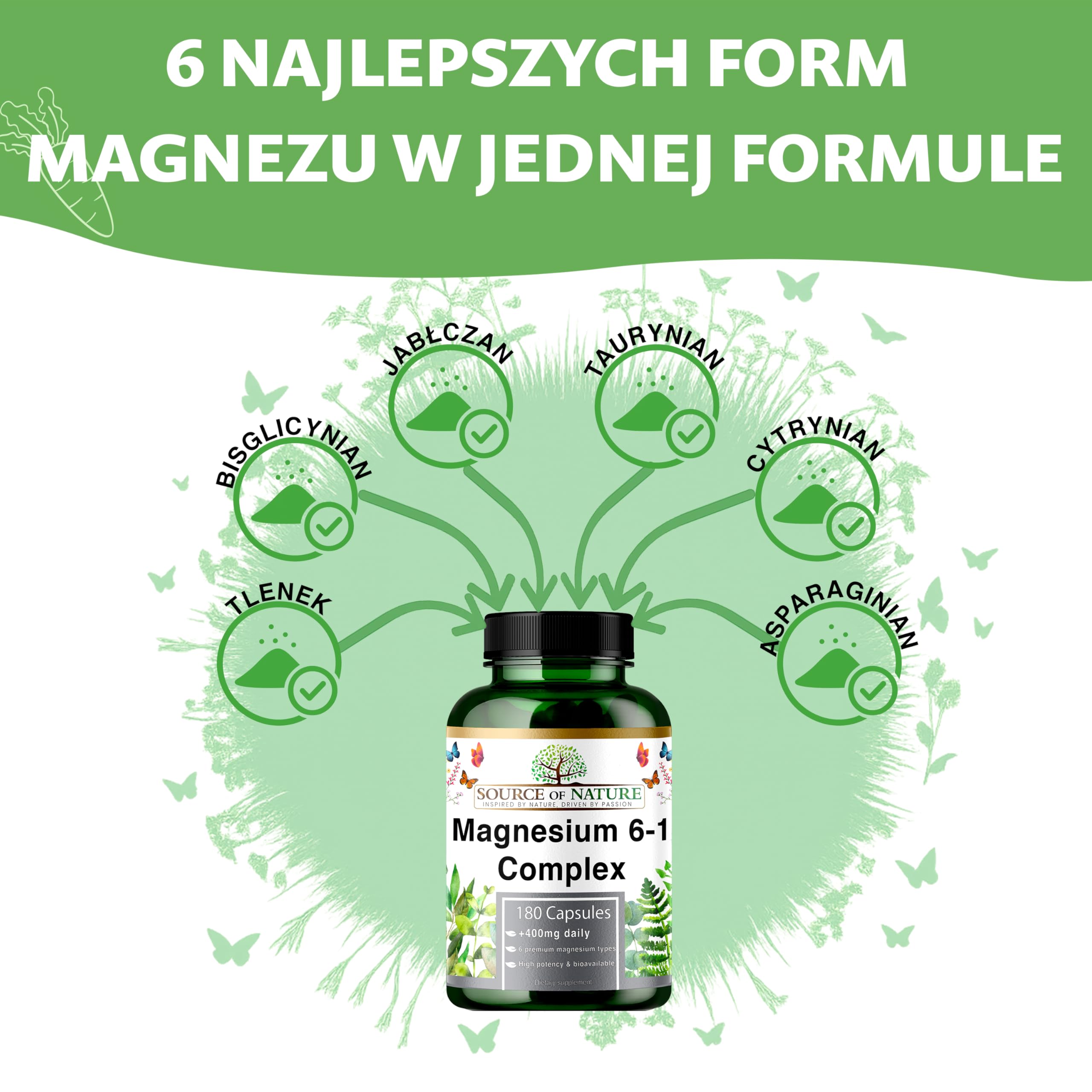 Magnez Kompleks 6-1 1500 mg Dziennie | 400 mg Magnezu Elementarnego | Tlenek, Bisglicynian, Jabłczan, Taurynian, Cytrynian & Asparaginian | 180 Kapsułek Wegańskich | Wysoka Dawka & Biodostępność