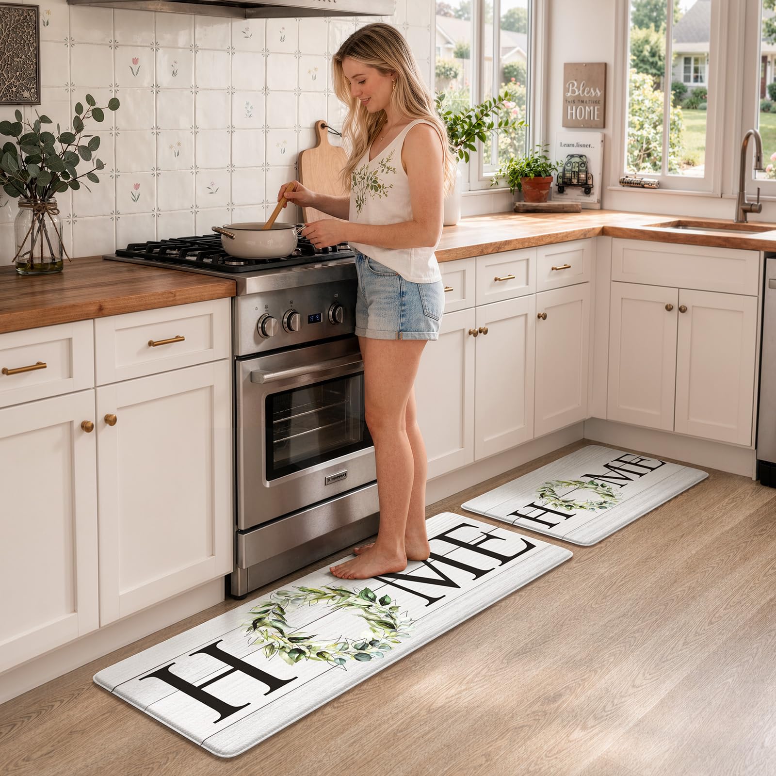 KIMODE Bauernhaus-Küchenmatte, 2 Stück, Anti-Ermüdung, Küchenteppiche, rutschfest, wasserdicht, Küchenbodenmatte, gepolsterte Komfort-Standmatte für Büro, Wäsche, Waschbecken, Zuhause
