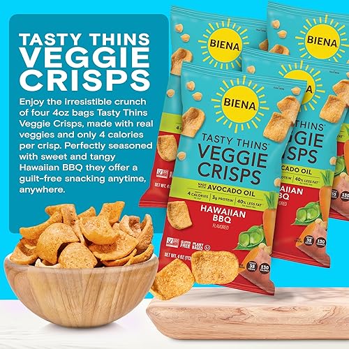 Miniatura 2 de BIENA Tasty Thins Veggie Crisps - BBQ hawaiana, paquete de 4, bolsas de 4 onzas, garbanzos y verduras, veganas, sin gluten, sin lácteos, sin OMG,