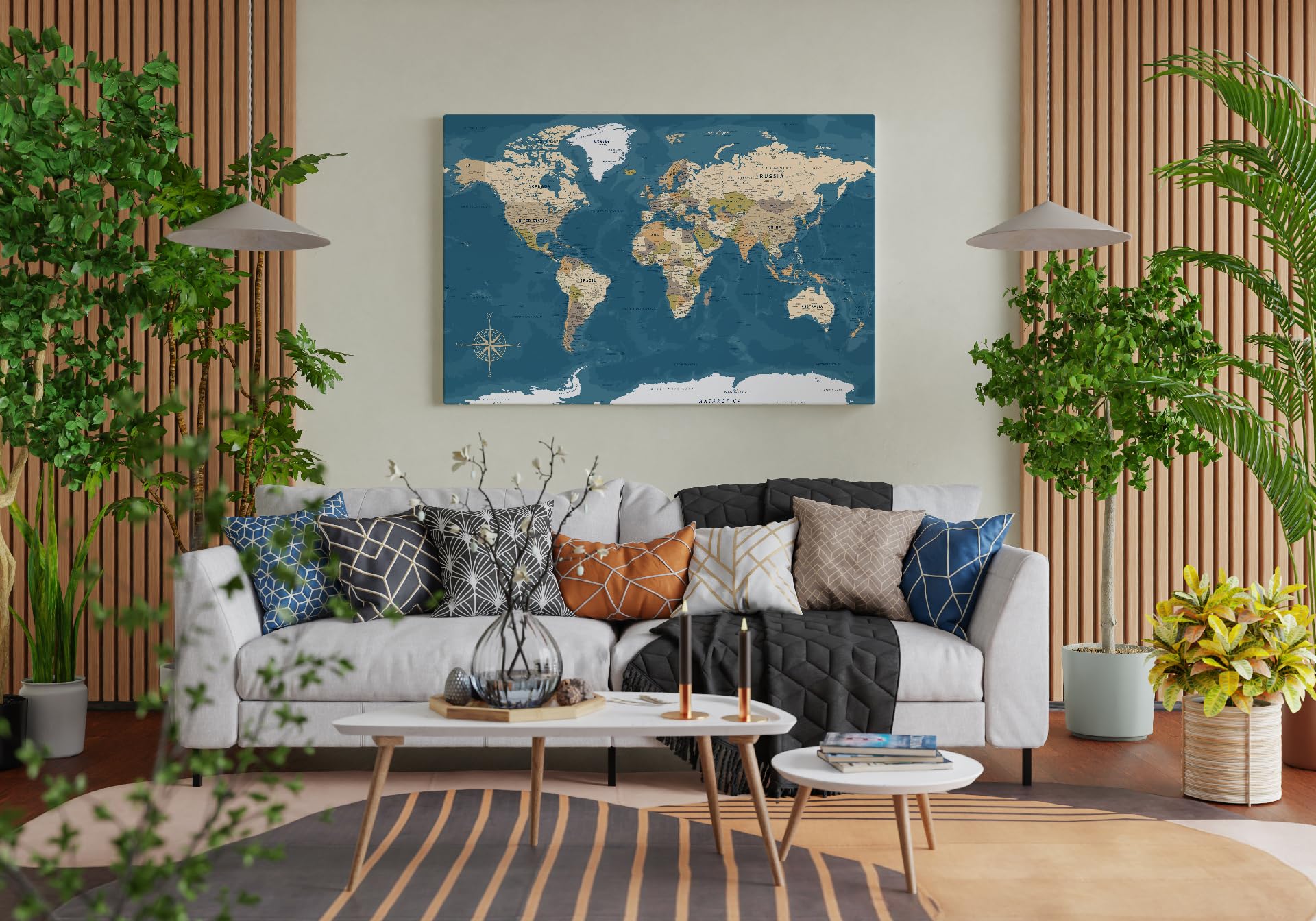 framed concept | Mappa del mondo con puntine | decorazione da parete fatta a mano con 50 puntine dorate | idea regalo originale