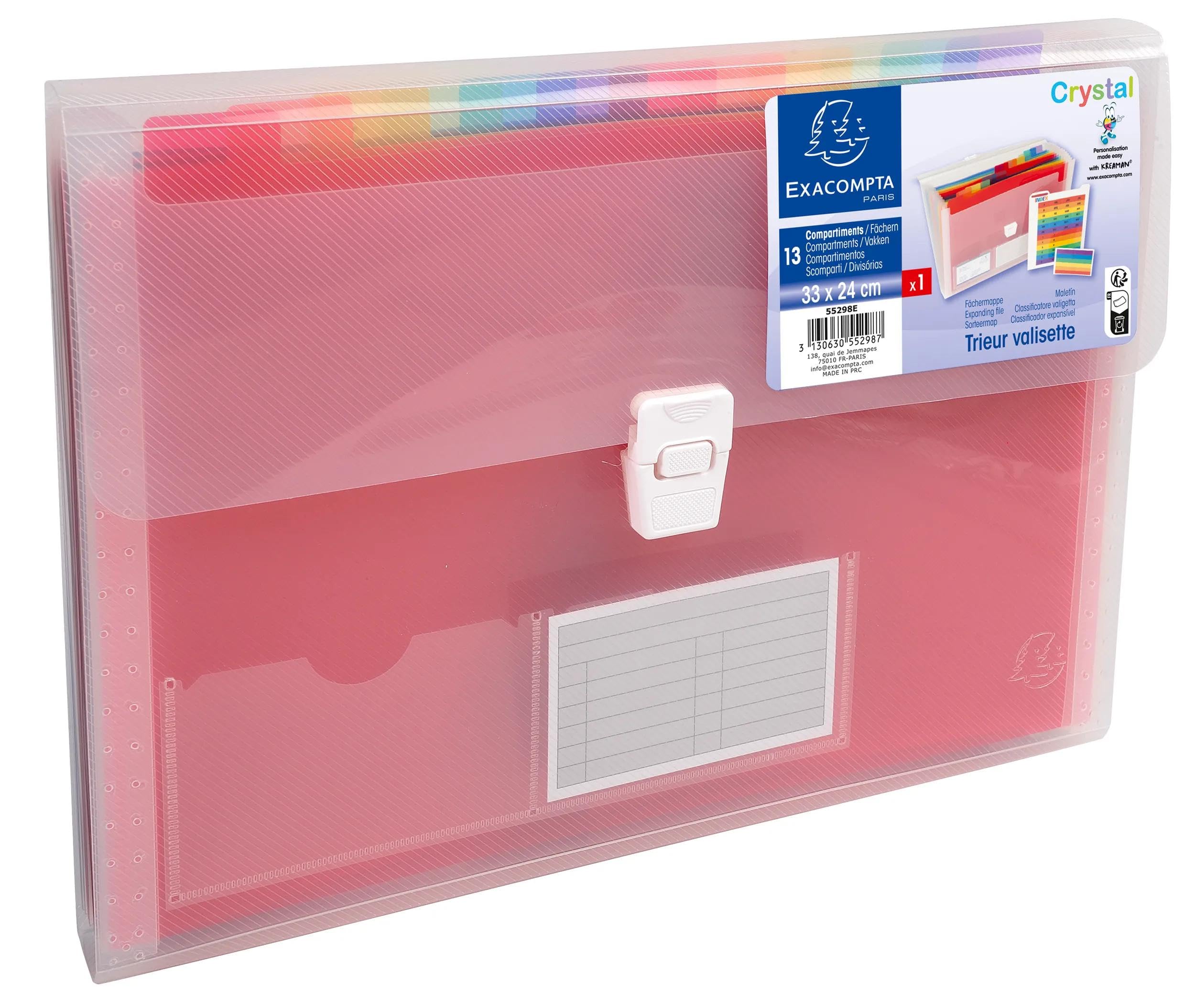 Exacompta - Réf. 55298E - Carton de 5 trieurs valisette Crystal - couverture et intérieur en PP - dos extensible - fermeture par bouton poussoir - 13 compartiments - dim 33x25 cm - cristal