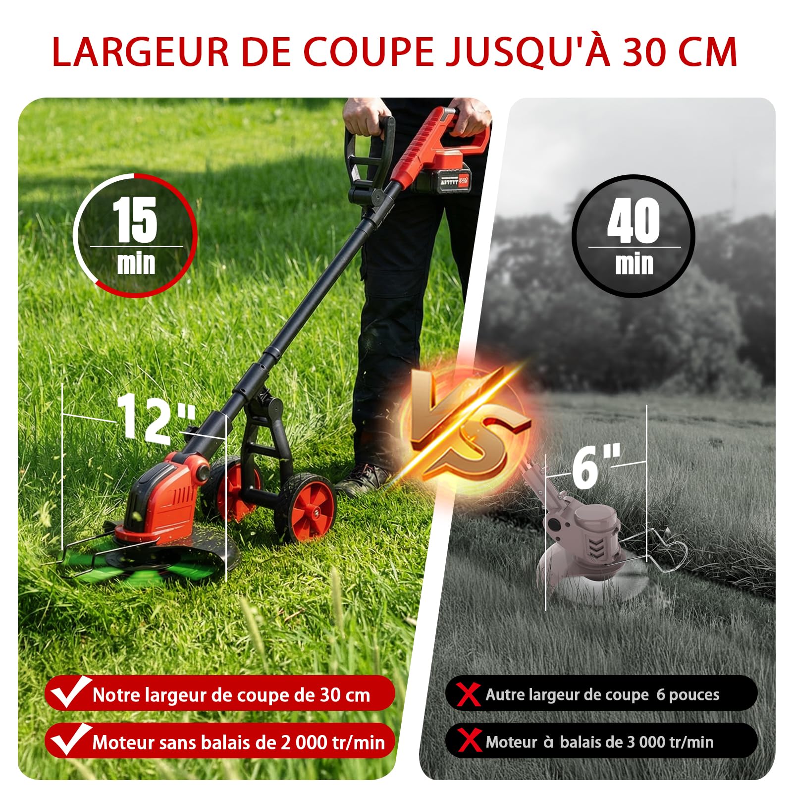 Lacoco 12 Pouces Débroussailleuse à Batterie Debroussailleuse Électrique sans Fil 850W avec 2 * 3.0Ah Batteries 4 Types de Lames Roues Réglable Coupe Bordure Coupe-Herbe à Gazon pour Pelouse Jardin