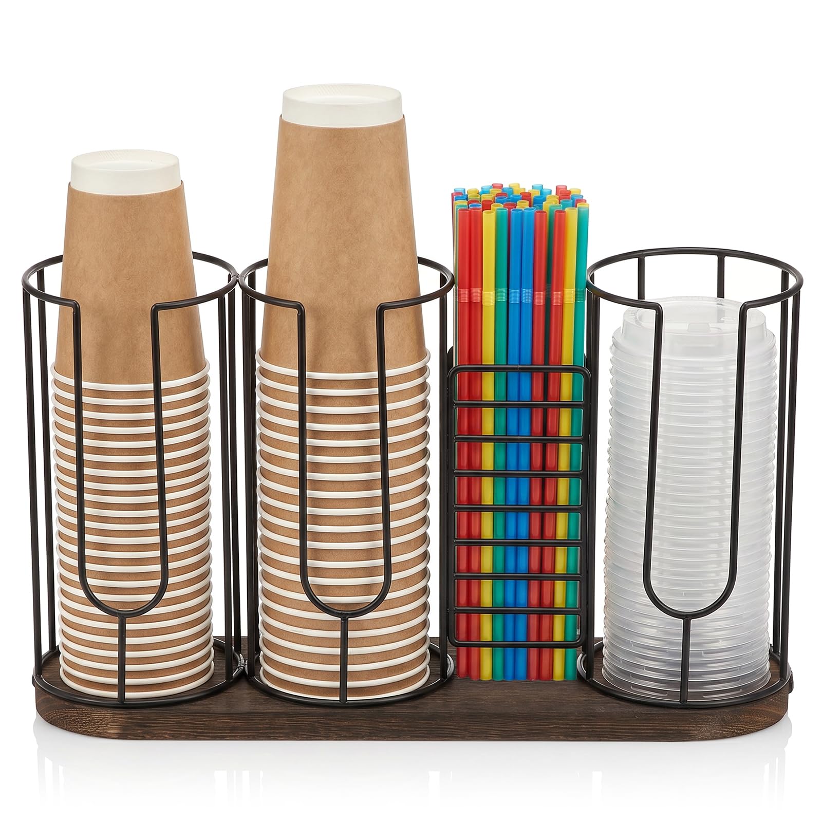 Ghshanog Coffee Station Organizer, 4 Compartment Cup Holder Lid Dispenser with Straw Basket, Metal Paper Cup Dispenser with Wood Base for Home Office Café Tea Box Organiser(4 Slot)