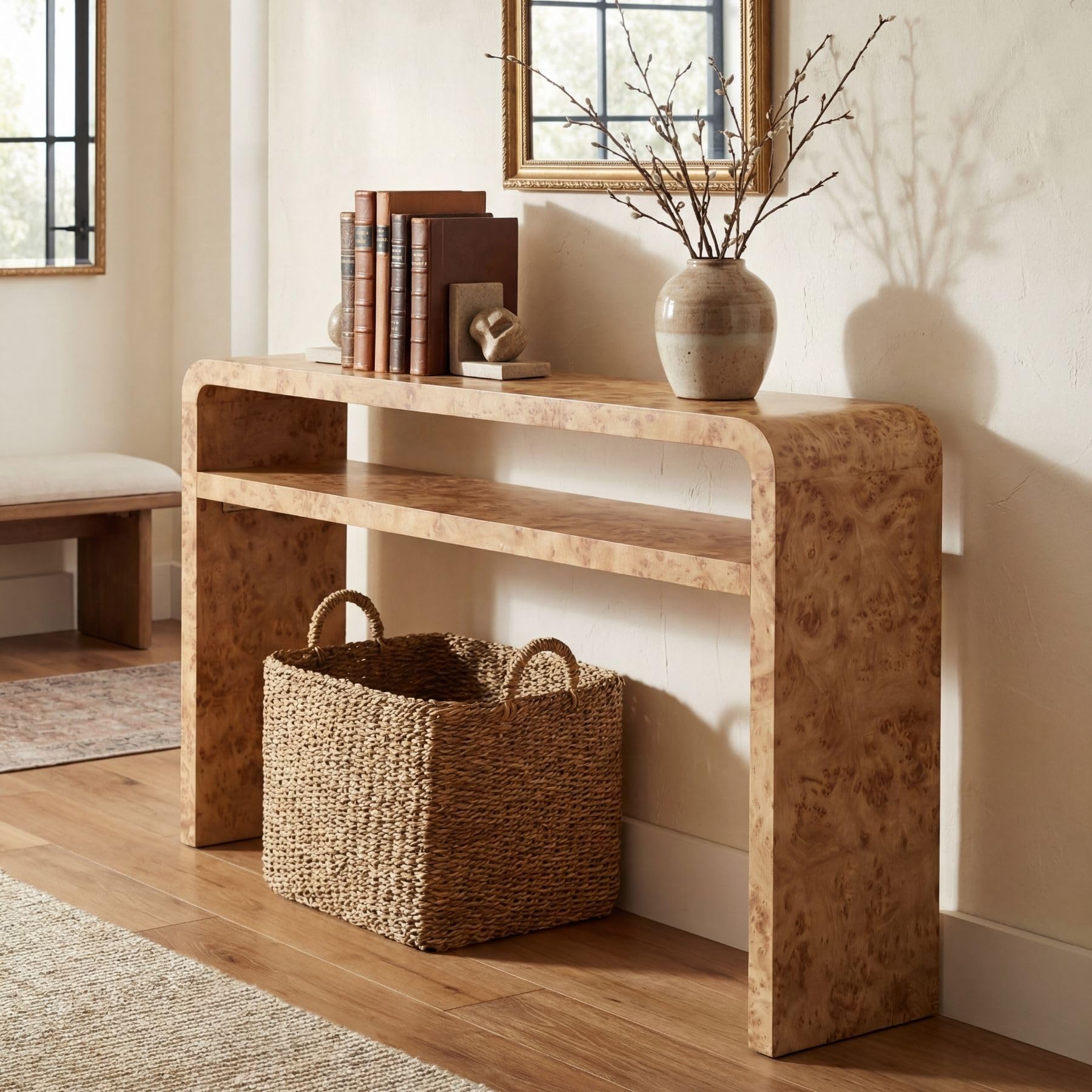 51 Inch Long Rustic Burl Wooden Pattern Console Table, Farmhouse Sofa Table Behind Couch, 30” Tall Entryway Tables with Lower Shelf, Mid-Century Hallway Console for Living Room, Foyer, Cabin