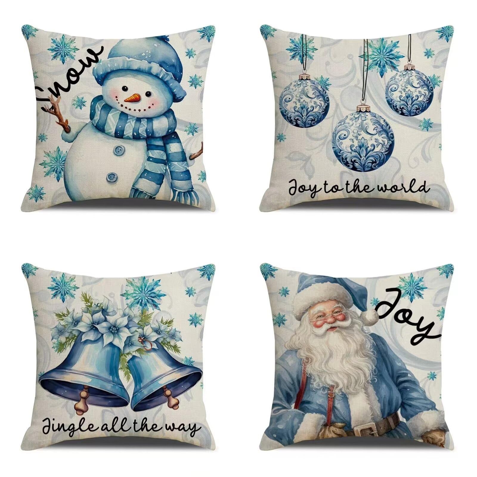 Natale Fodere per Cuscini 60x60cm 4 Pezzi Babbo Natale blu Cuscini Caso Federa, Copricuscini Natalizi, Invernale Natalizie Divano Decorativi di Natale per Divano Soggiorno Auto Natalizie Decor