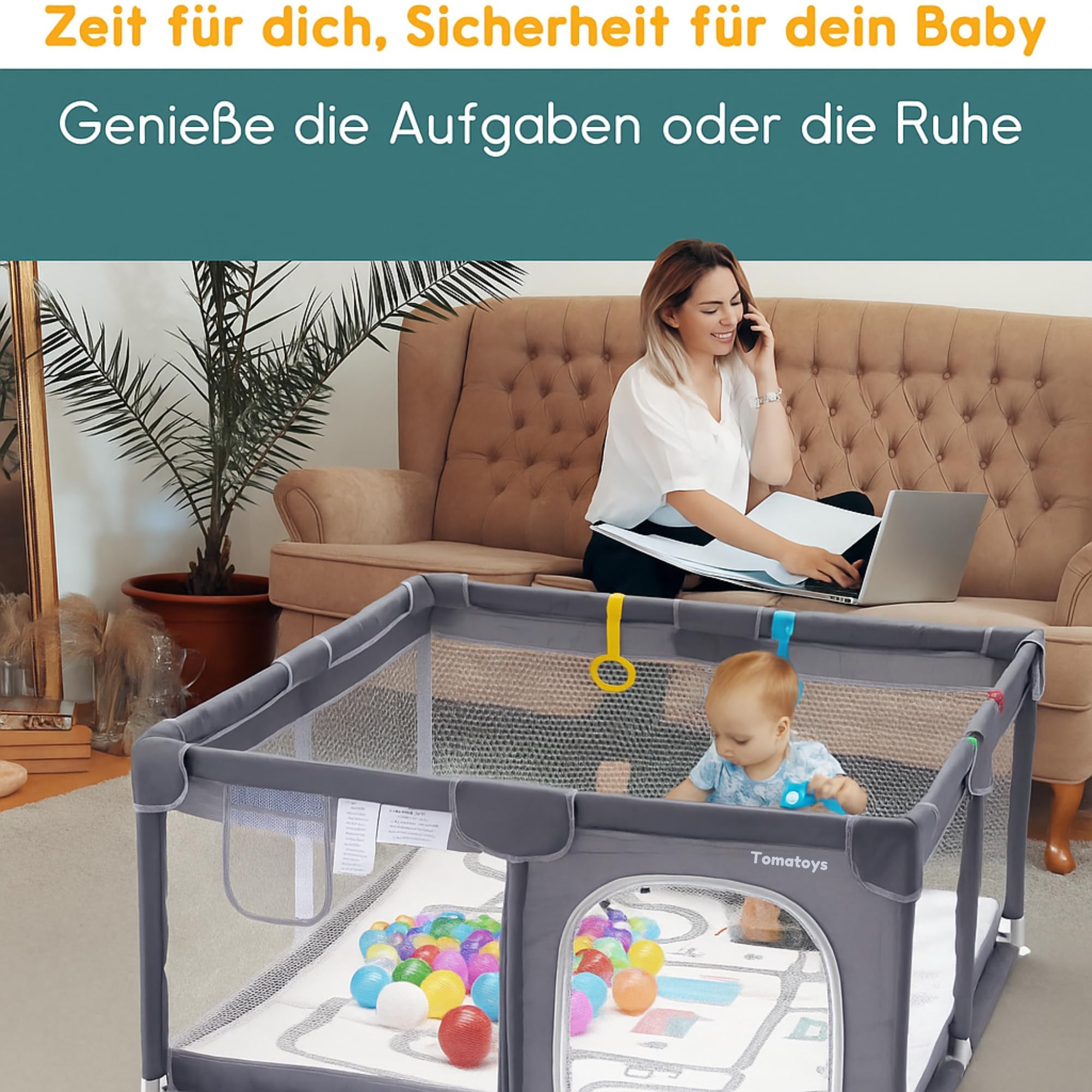 Laufstall für Babys mit Matratze, Bällebad (inkl. 50 Bällen) und 4 Haltegriffen. Laufgitter 124x124 cm mit atmungsaktivem Netz, 210D Oxford-Gewebe. Kinderlaufstall, dunkelgrau.