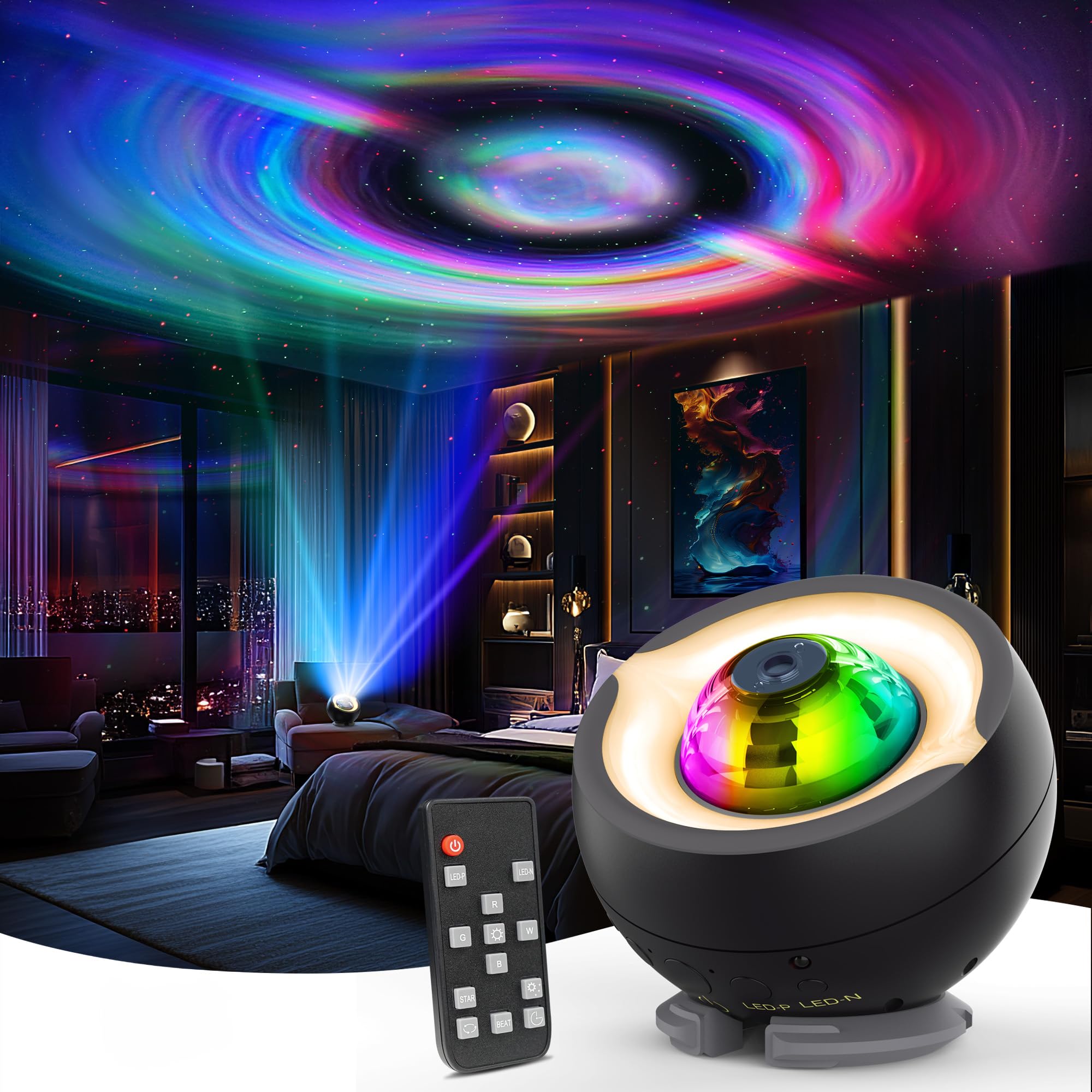 Black Hole Galaxy Light Projector with Moving Green and Red Stars, Star Projector for Meditation, Relaxation, Room Decor, Party, Gifts, LED Night Light for Bedroom