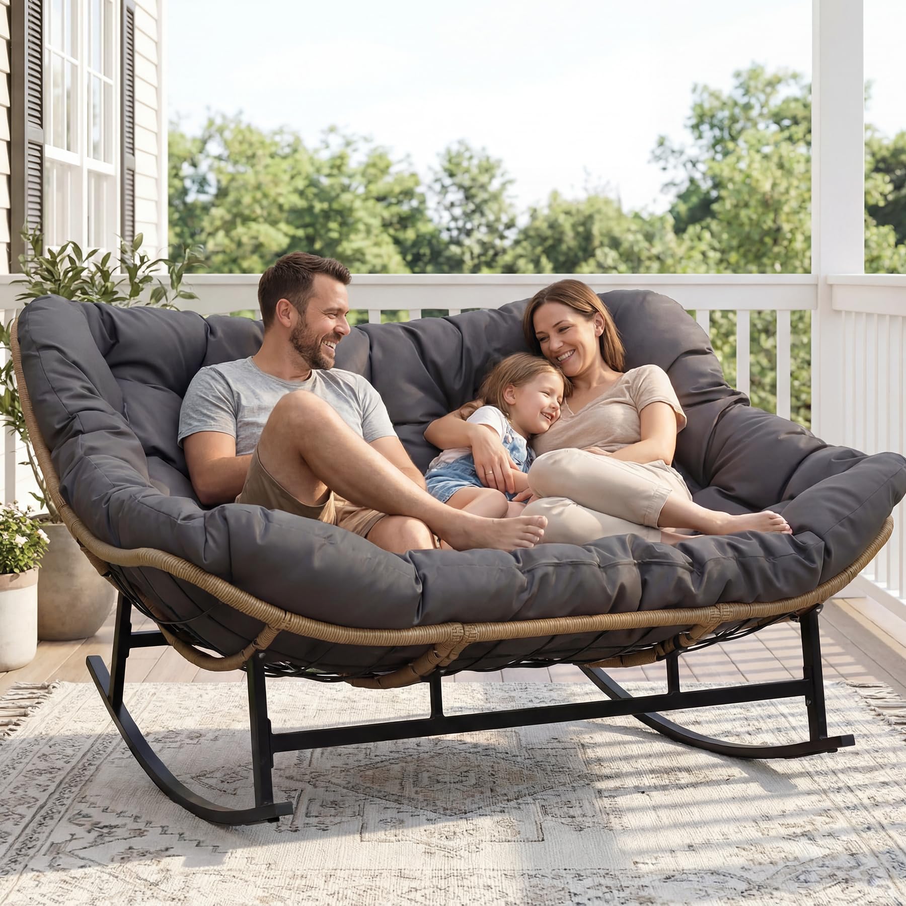 NICESOUL Double Wide Rocking Papasan Chair Outdoor Indoor for 2, PE Wicker Patio Rocking Chair with Cushion and Frame, Heavy Duty Big Comfy Lounge Chair for Porch, Balcony &amp; Living Room, Grey