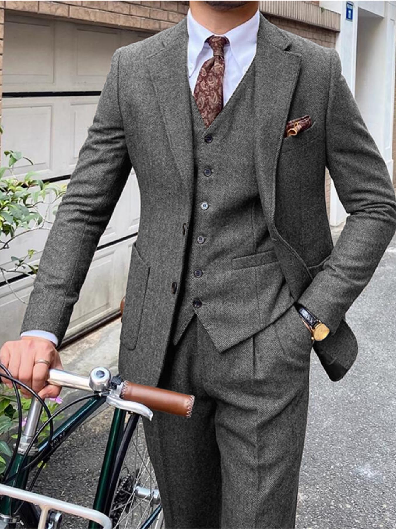 Completo da uomo in tweed, 3 pezzi, stile vintage, a spina di pesce, per matrimoni, balli di fine anno, abbigliamento casual da lavoro, set blazer e pantaloni
