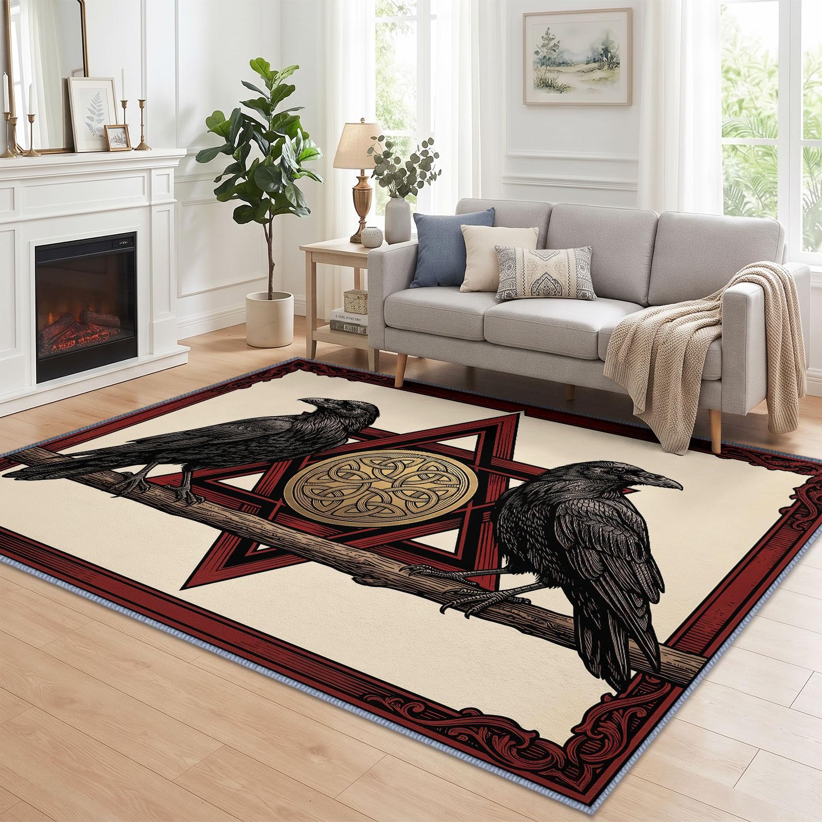 140 x 200 cm Tapis Antidérapant de Salon Fantaisie Animaux Corbeau Hexagone, Beige Grand Tapis à Poil Ras Doux Lavable en Machine avec Motif Imprimé pour Chambre Enfant Chambre Salle à Manger