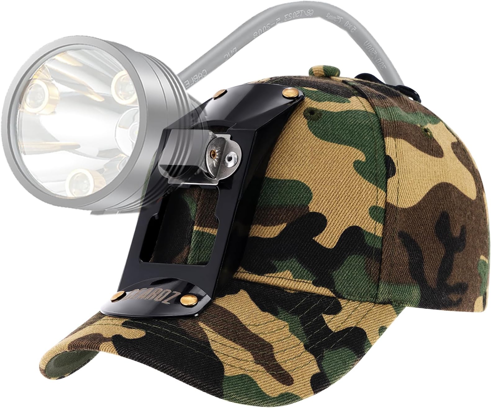 GearOZ Hunting Hat with Bracket, Hunter Cap for Headlamp Hunting Head Light, Black/Camo (Cap Only, Headlamp Not Included)