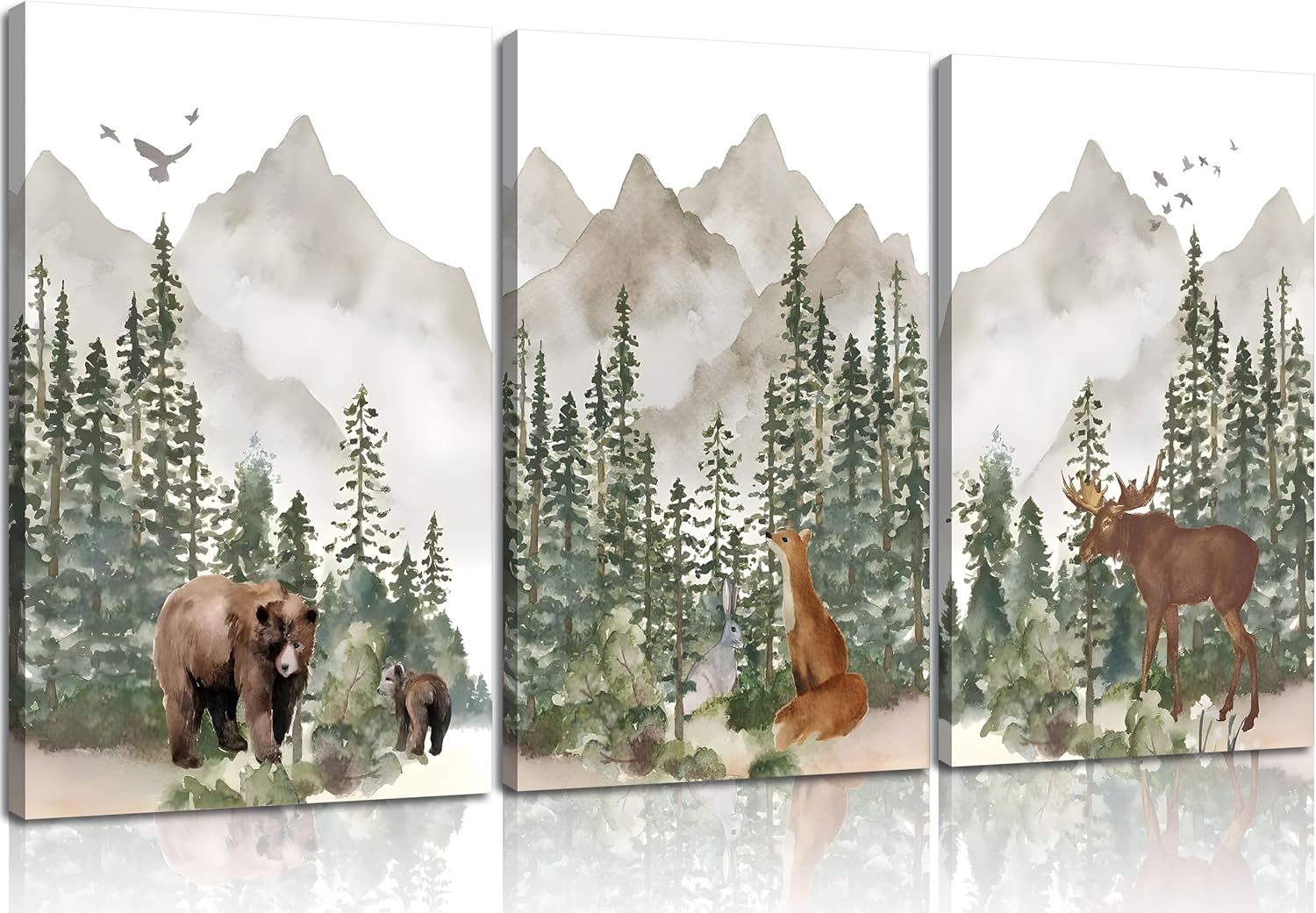 3Pcs Woodland Nursery Wall Art Wild Animals Posters Pictures Foggy Forest Canvas Prints Adventure Theme Kids Wall Decor Watercolor Paintings for Children Boys Room Girls Room Framed Canvas 16x24in