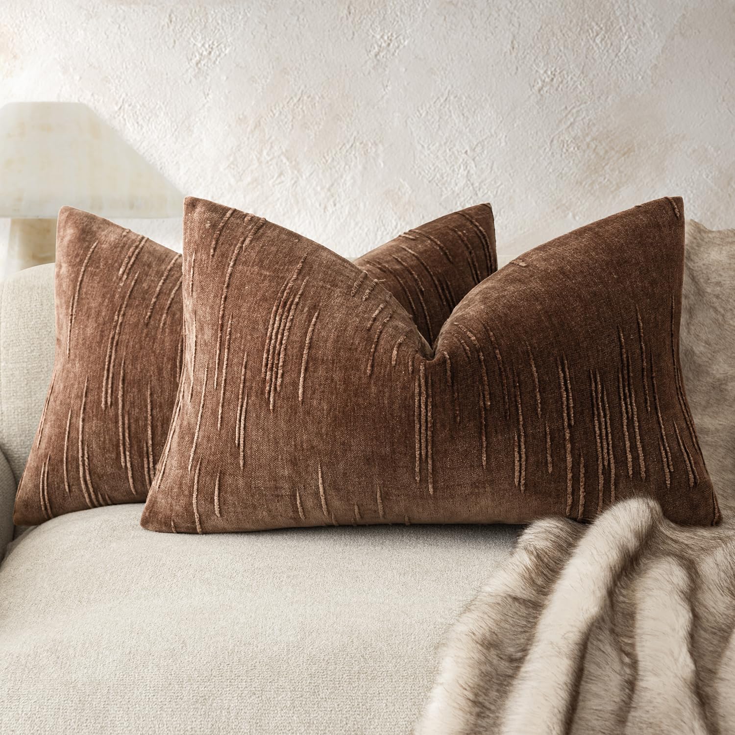 Foindtower Slubby Textured Chenille Lumbar Pillow Covers 12x20 Red Brown