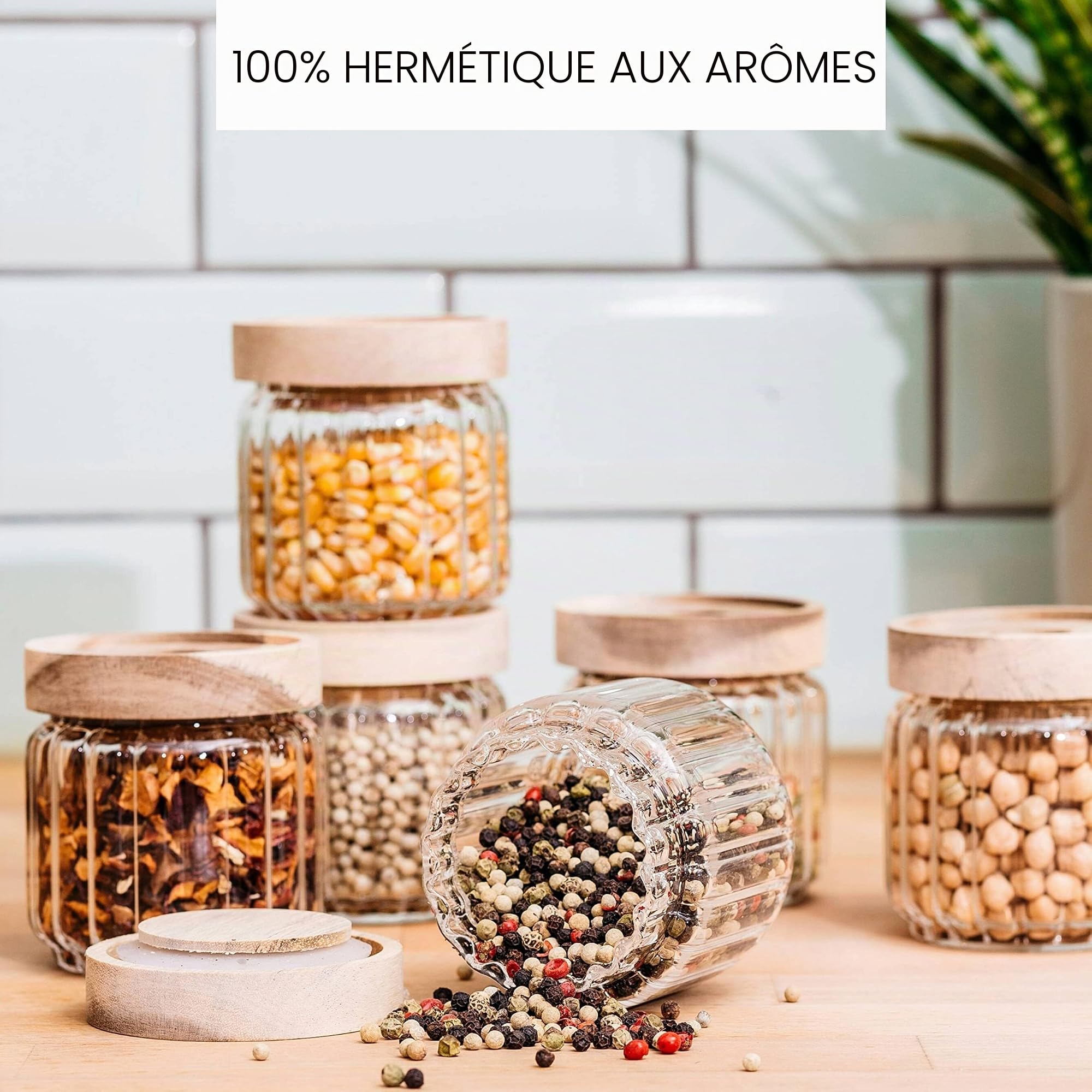 Econovo® Lot de 6 pots à épices striés (150 ml, empilables et hermétiques), avec couvercle, pour aliments ou épices, grands et petits