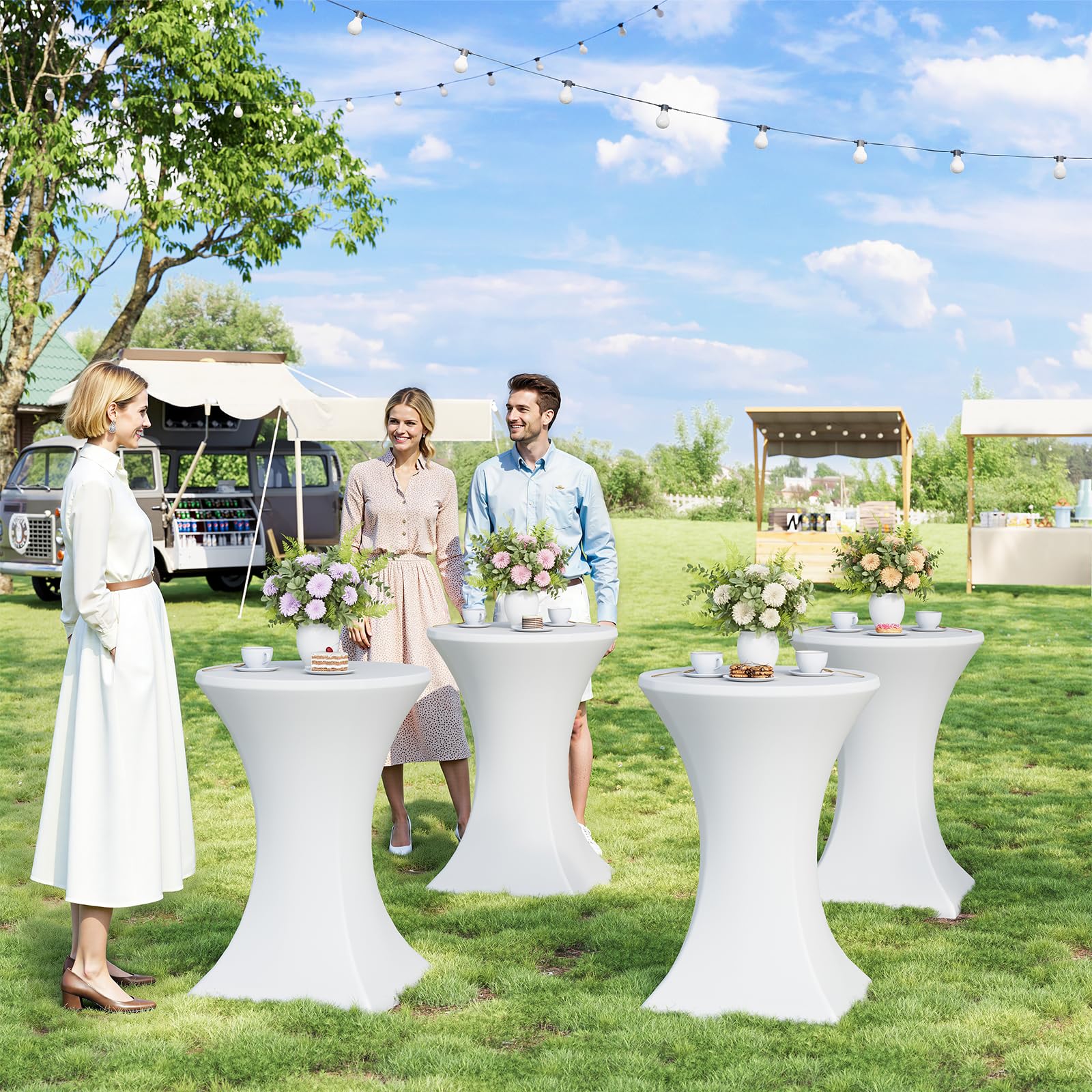 WOLTU Stehtisch klappbar, Bistrotisch mit Husse, Gartentisch wetterfest rund, Bartisch Ø 80 cm, Hochtisch 110 cm, Beistelltisch Indoor Outdoor, für Garten Party Hochzeit, Metallrohre, Weiß