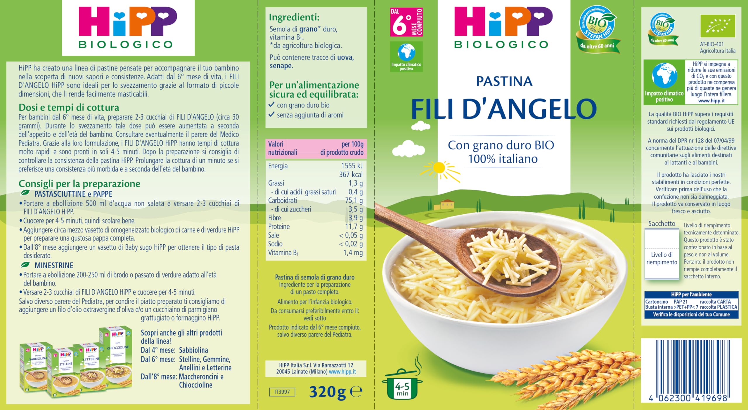 HiPP - Pastina per Svezzamento a Forma di Fili d'Angelo, con Grano Duro Biologico 100% Italiano, 12 Confezioni 320 gr