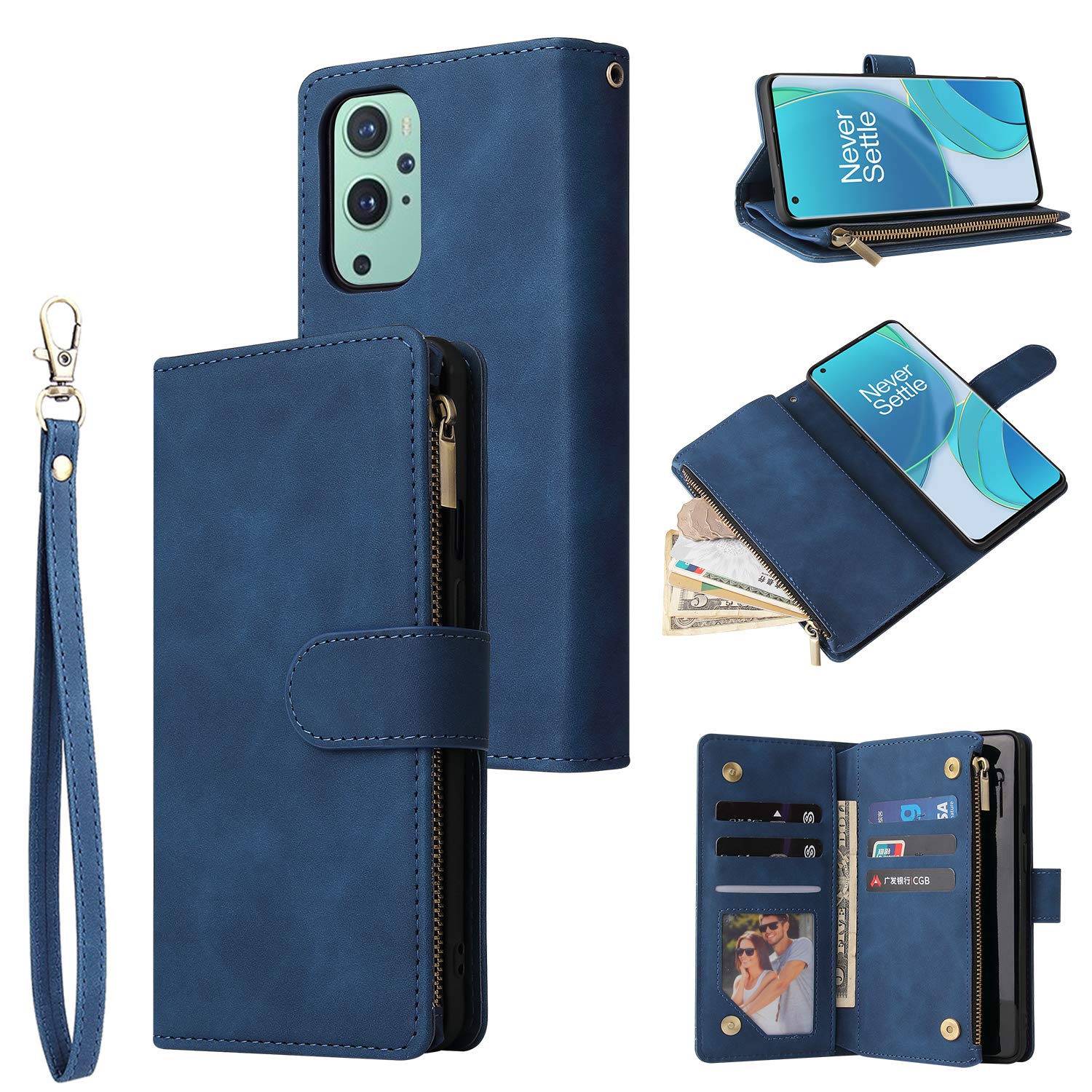 Compatible with One Plus 9 Case,Premium PU Leather Magnetic Closure Flip Fold Wallet Case Has Kickstand &Card Slots & Wrist Strap&2 in 1 Wallet case(Blue)