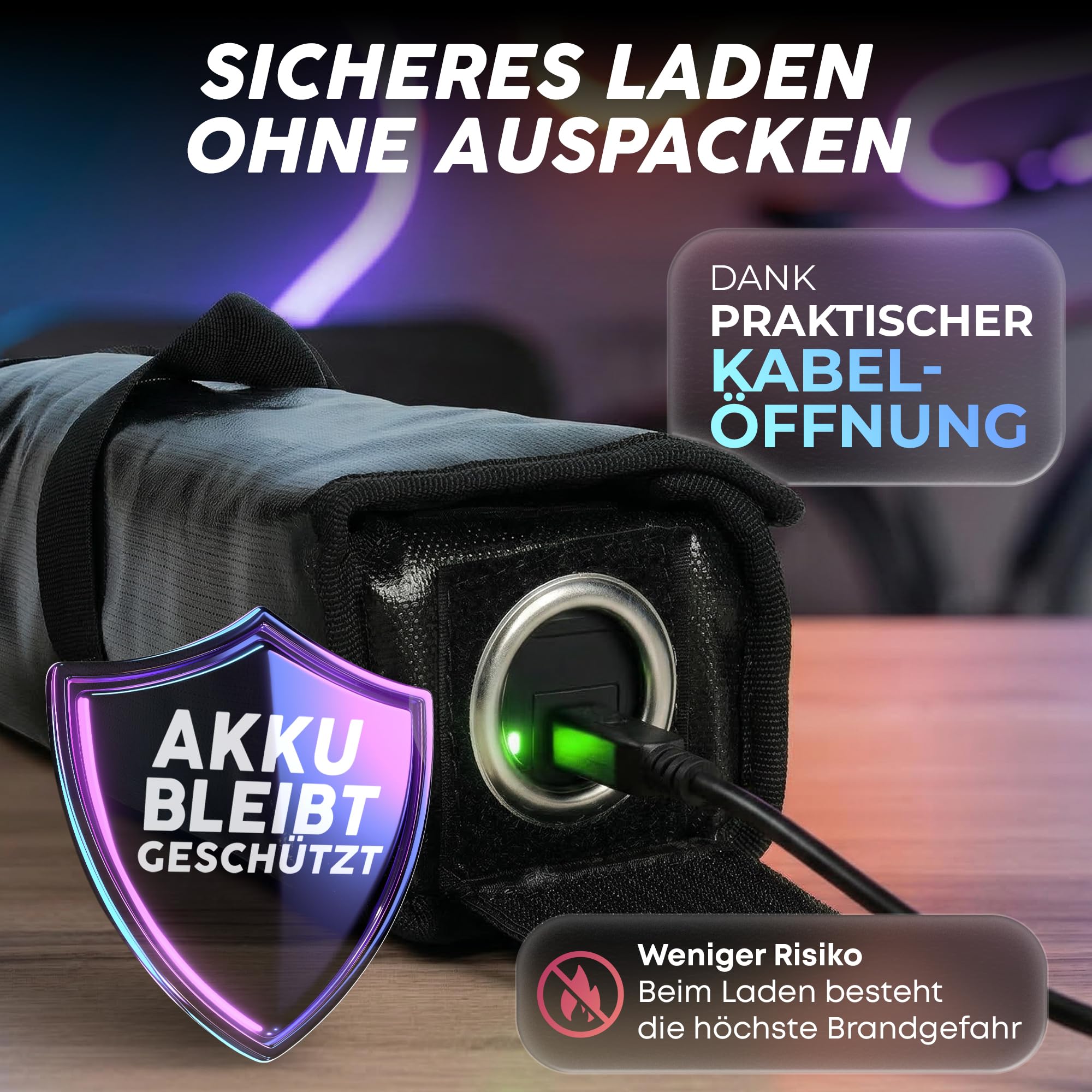 E-Bike Akku Tasche – Feuerfeste Akkubox für E-Bike Akkus mit Kabeldurchführung – Akku Schutzhülle feuerfest inkl. Trageschlaufe – Akku Transportbox & Aufbewahrungstasche, Größe XL