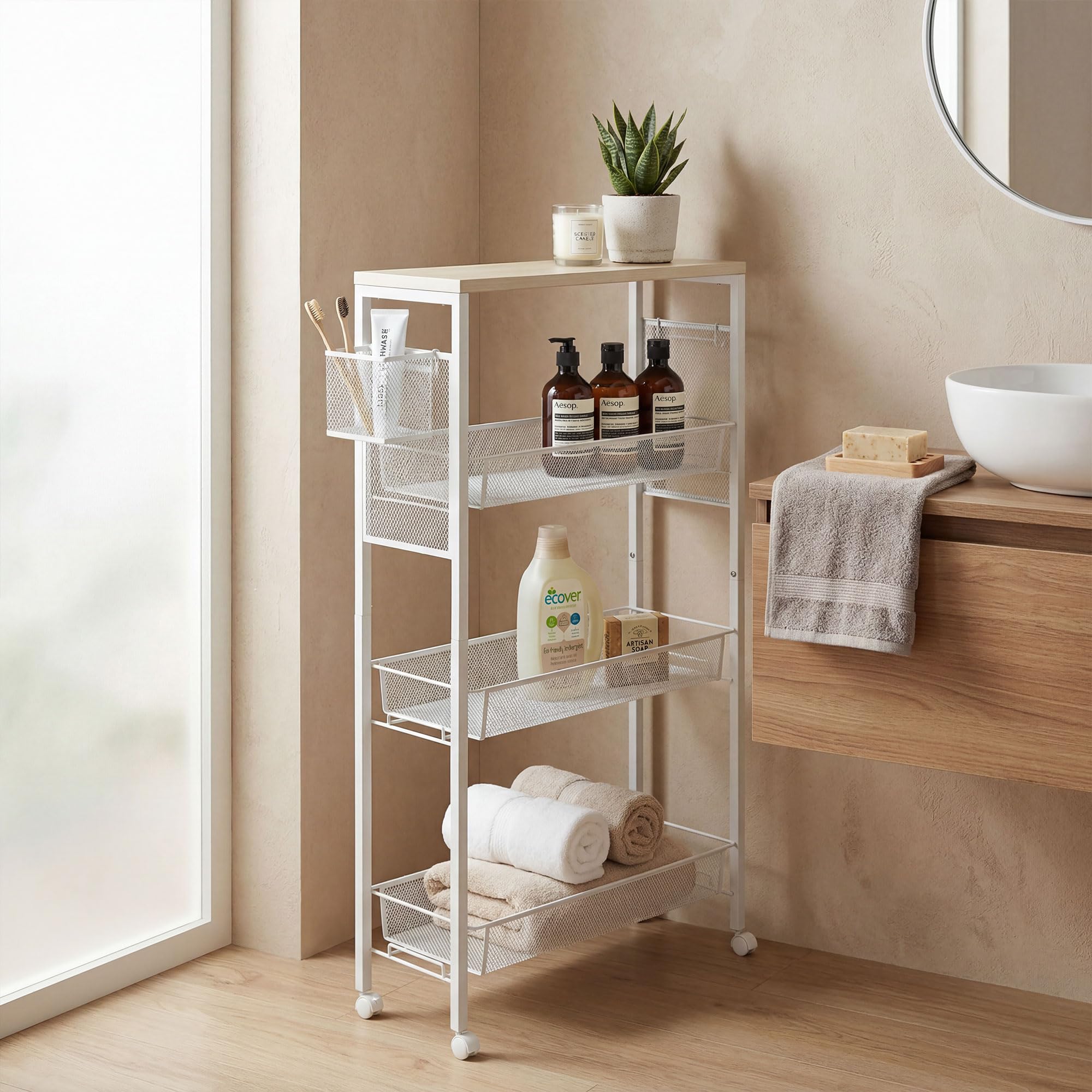 HOMCOM Desserte de Cuisine à roulettes Acier 58 x 18,5 x 87 cm Blanc | Chariot de Rangement, 3 Panier, 1 Panier Suspendu et Crochets, Chariot de Cuisine et Salle à Manger