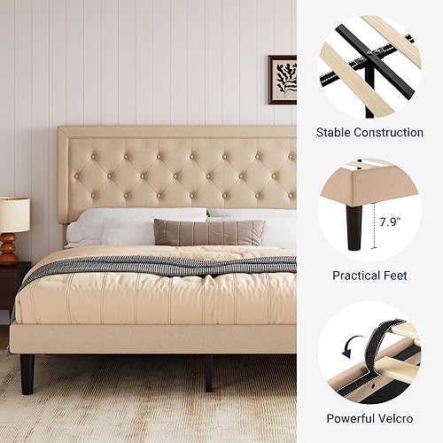 Miniatura 22 de Allewie - Base de cama copetuda, tamaño Matrimonial, con plataforma, tapizado de tela, con botones y cabecera ajustable, soporte con rejilla de Gris