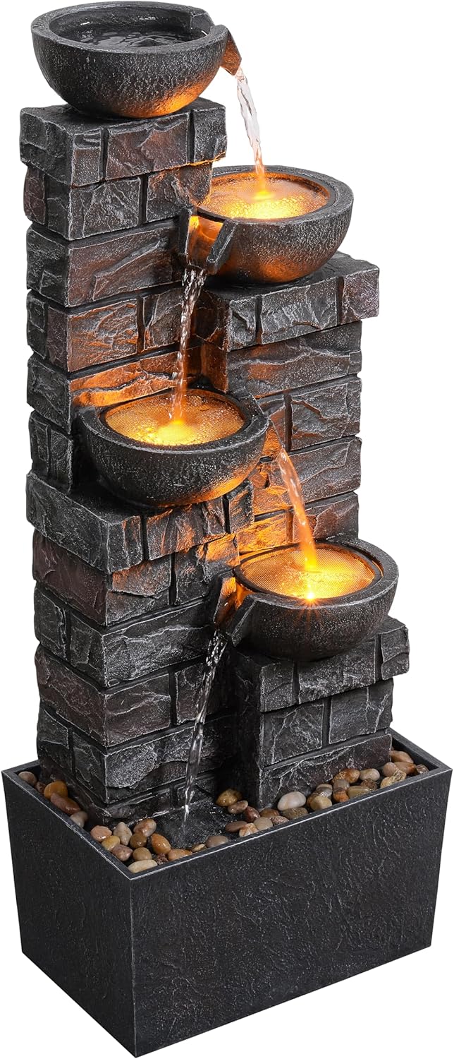 33.5 Inch 4-Tier Cascading Bowls Water Fountain with LED Lights, Indoor Outdoor Resin Waterfall, Dark Gray