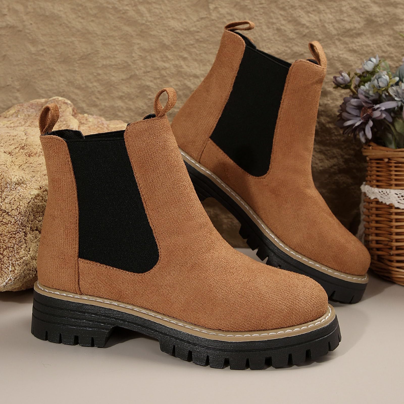 Petite - Botines de gamuza para mujer, de moda, estilo Chelsea, para invierno, hasta la rodilla, tacón de bloque, para días lluviosos, viajes, oficina, por encima de la rodilla, Brown, 39.5 EU