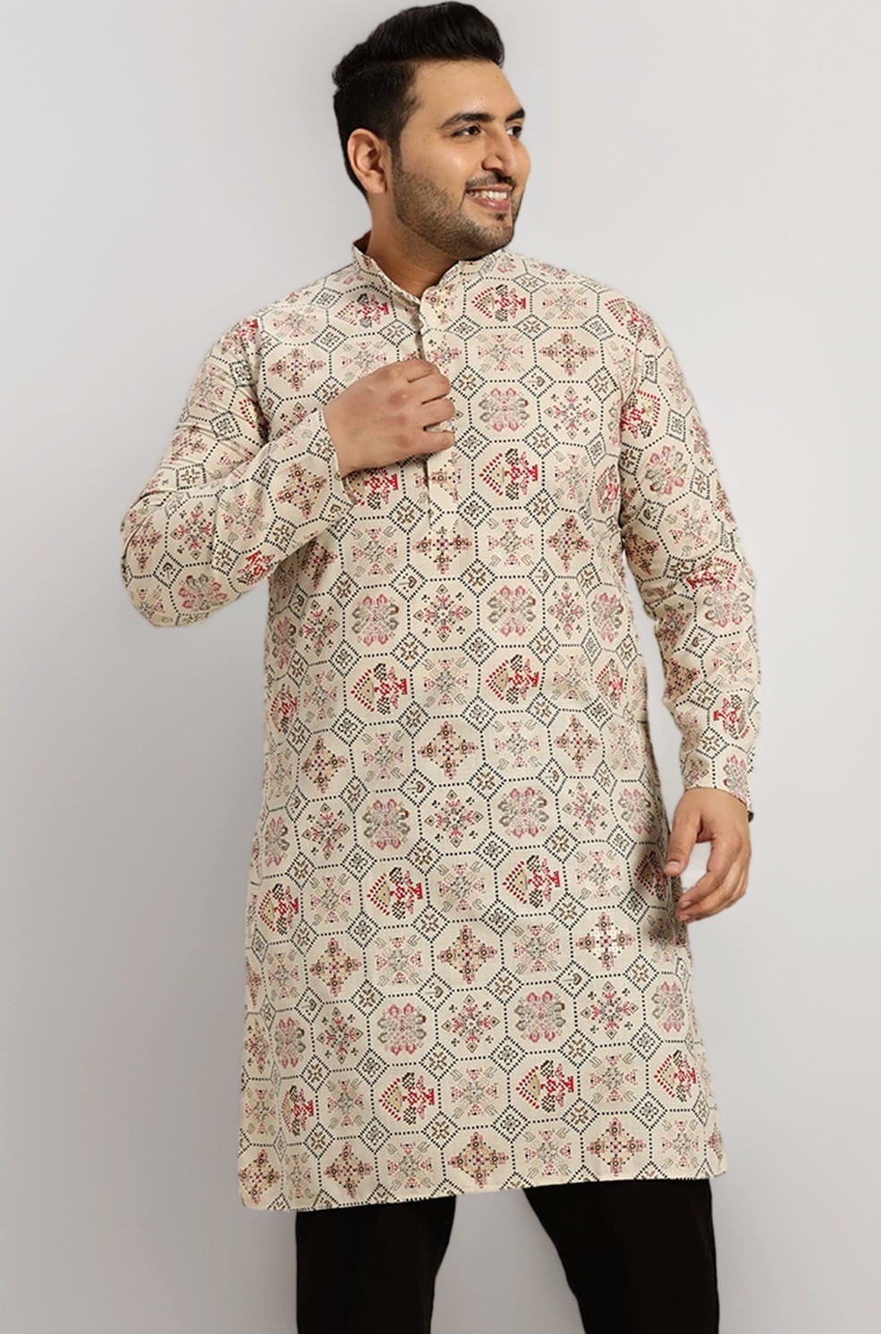 SOJANYA Plus (Since 1958) Men’s Cotton Linen Long Kurta | Ethnic Motif Printed for Navratri, Garba & Puja