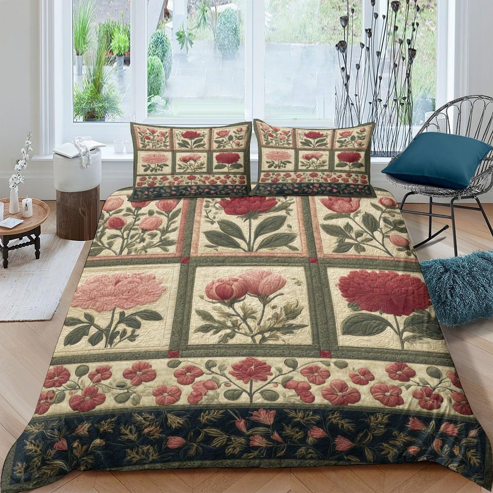Ctjqhvkz Style-4 3D Printed Vintage Floral Fitted Sheet Microfiber Soft Breathable Botanical Patchwork Bed Cover For Bedroom Guest Room Decor Single（135X200cm）