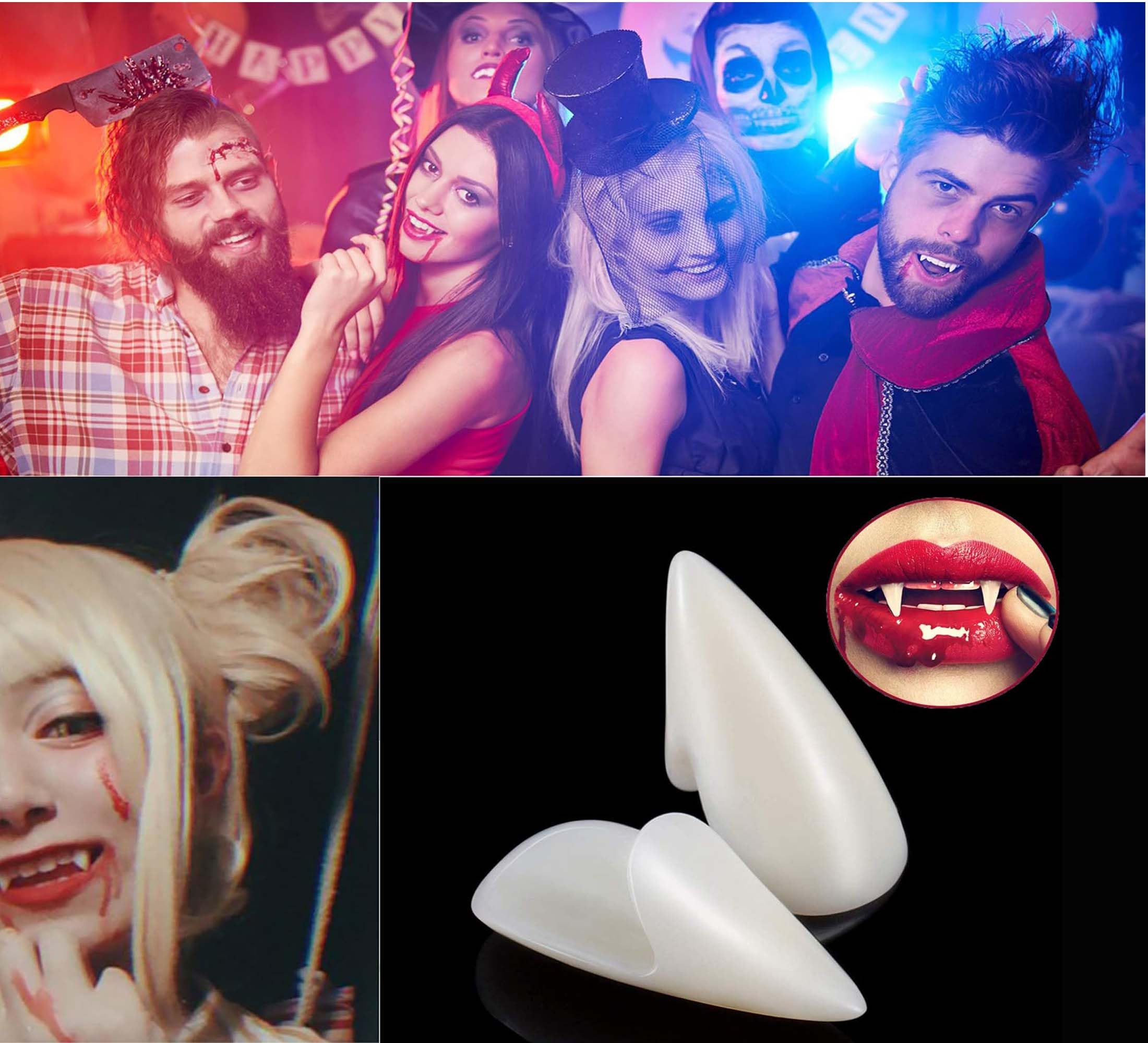 Lot De 5 Crocs De Vampire 4 Tailles De Vampires Avec 1 Tube Adhésif De Granules Vampire Fangs Deguisement Dents De Vampire Costume D'halloween Accessoires De Fête (3 Pack