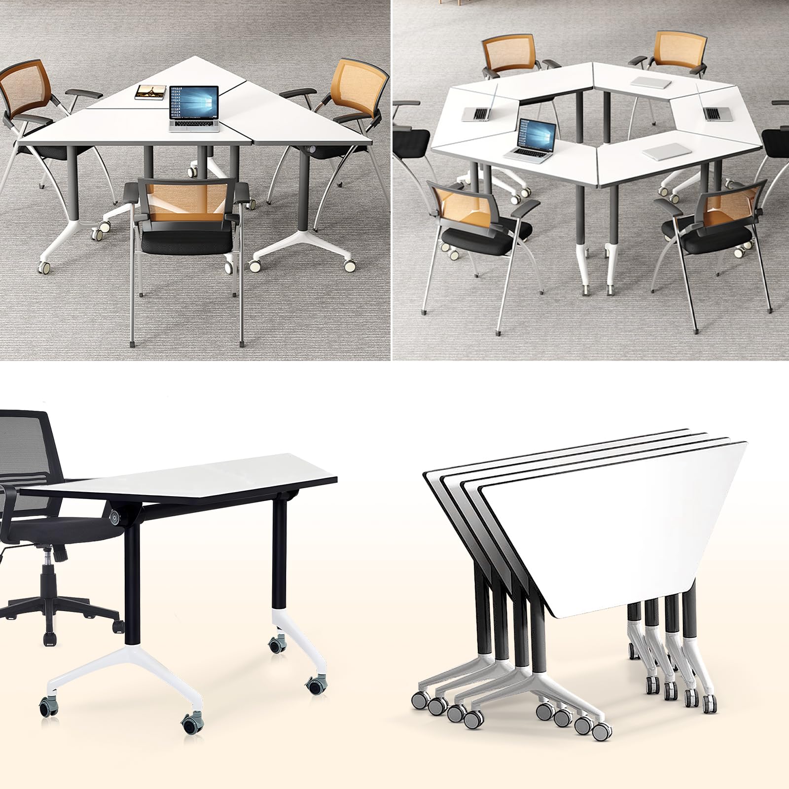 Tavolo da conferenza pieghevole trapezoidale bianco con design flip top, tavolo portatile per riunioni e allenamento per ufficio, aula ed eventi