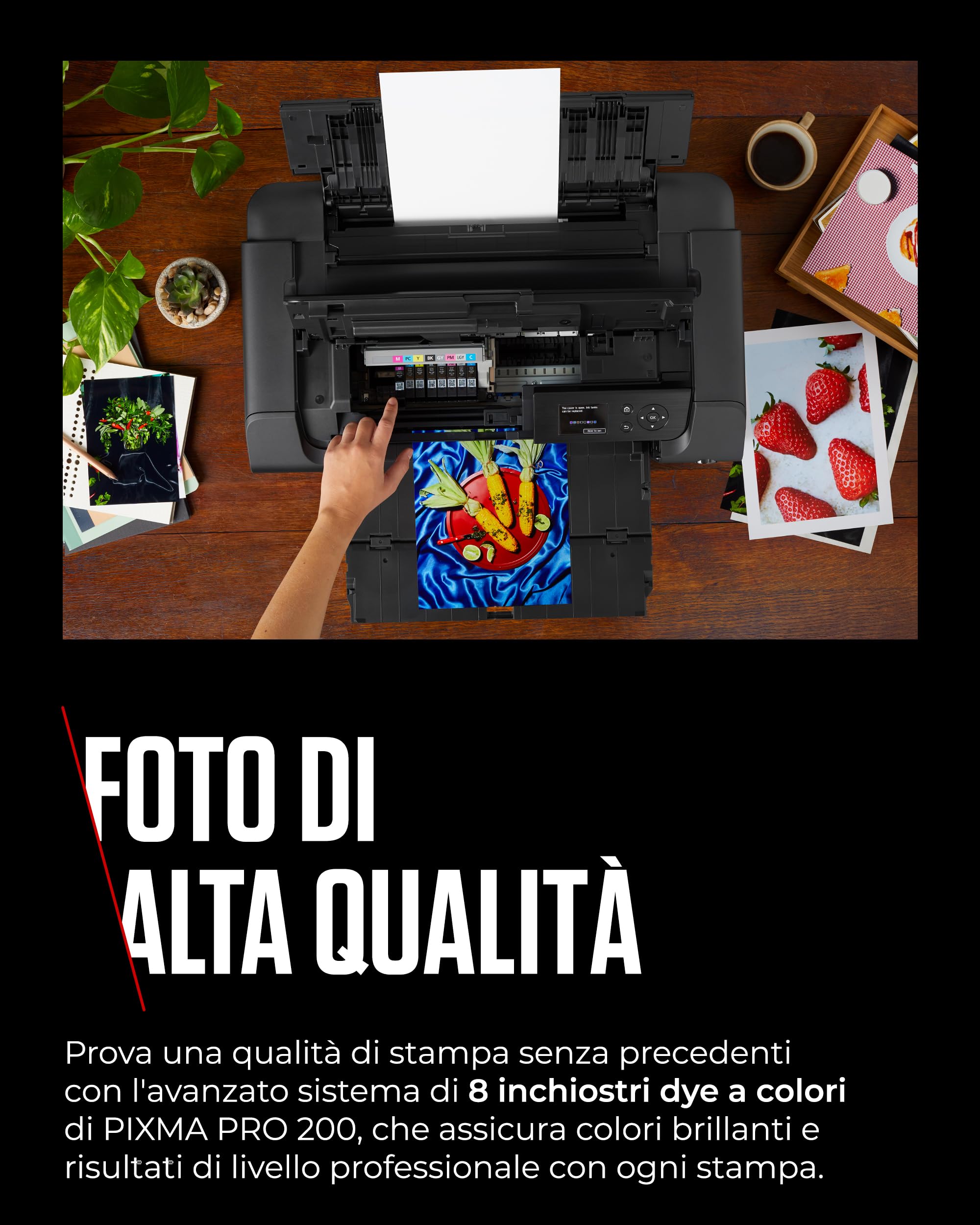 Canon PIXMA PRO-200 - Stampante a Colori A3+, stampa fotografica lucida, 4.800 x 2.400 dpi, Wi-Fi, USB 2.0, WiFi, LAN, 8 inchiostri separati, nero