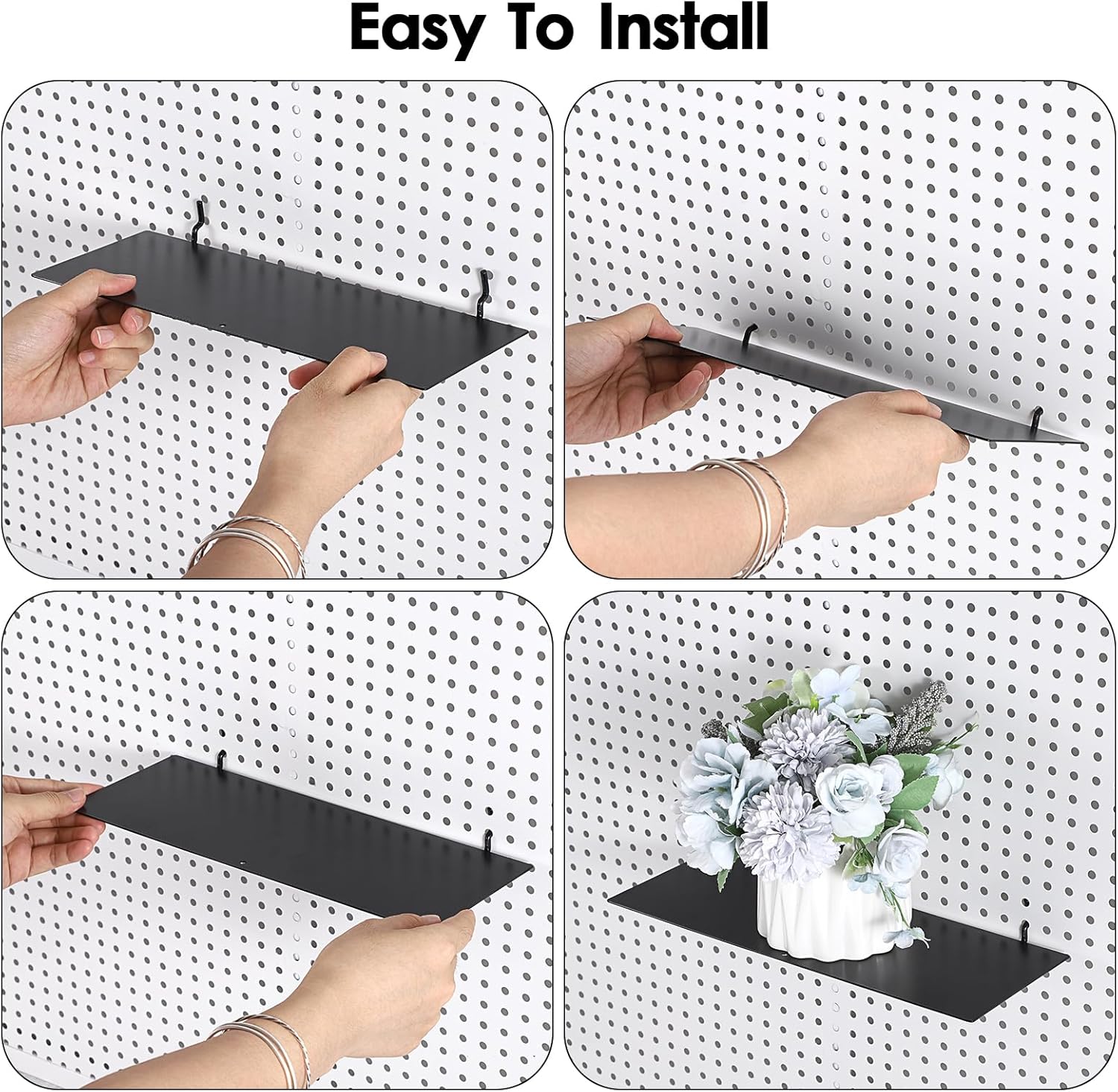 Kokone 6 Pack Pegboard Shelves for Storing or Displaying, 12x4 Inch Flat Display Shelves for Pegboard, Wall Pegboard Shelves Accessories Steel Tray for Garage Workshop Craft Room Organizer