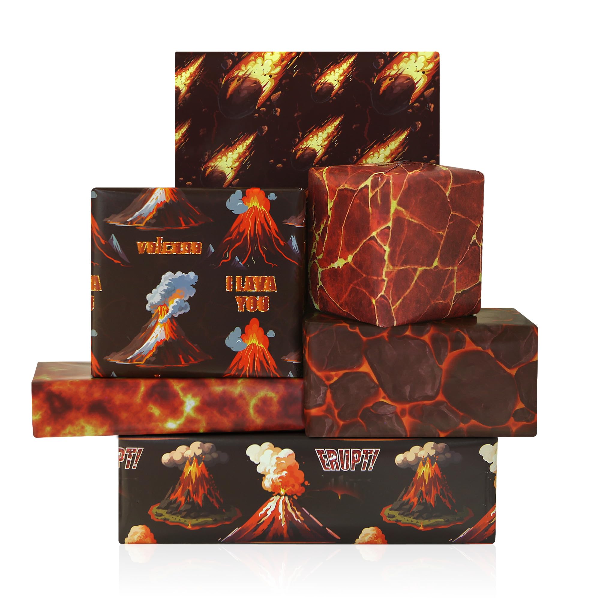 Volcano Wrapping Paper for Boys Girls Kids, 6 Sheets Volcano Lava Wrapping Paper, 50x70cm Per Sheet Lava Gift Wrap for Birthday, Science Dinosaur, Hawaiian Party