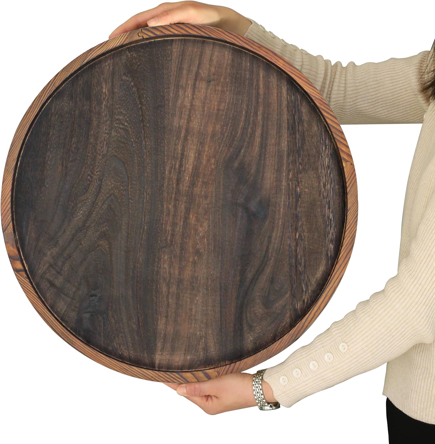 20" Rustic Wooden Serving Tray - Extra Large Round Ottoman Table Tray for Farmhouse Decorative Oversized Coffee Table Trays Living Room Kitchen Counter Breakfast Brown Brown 20"