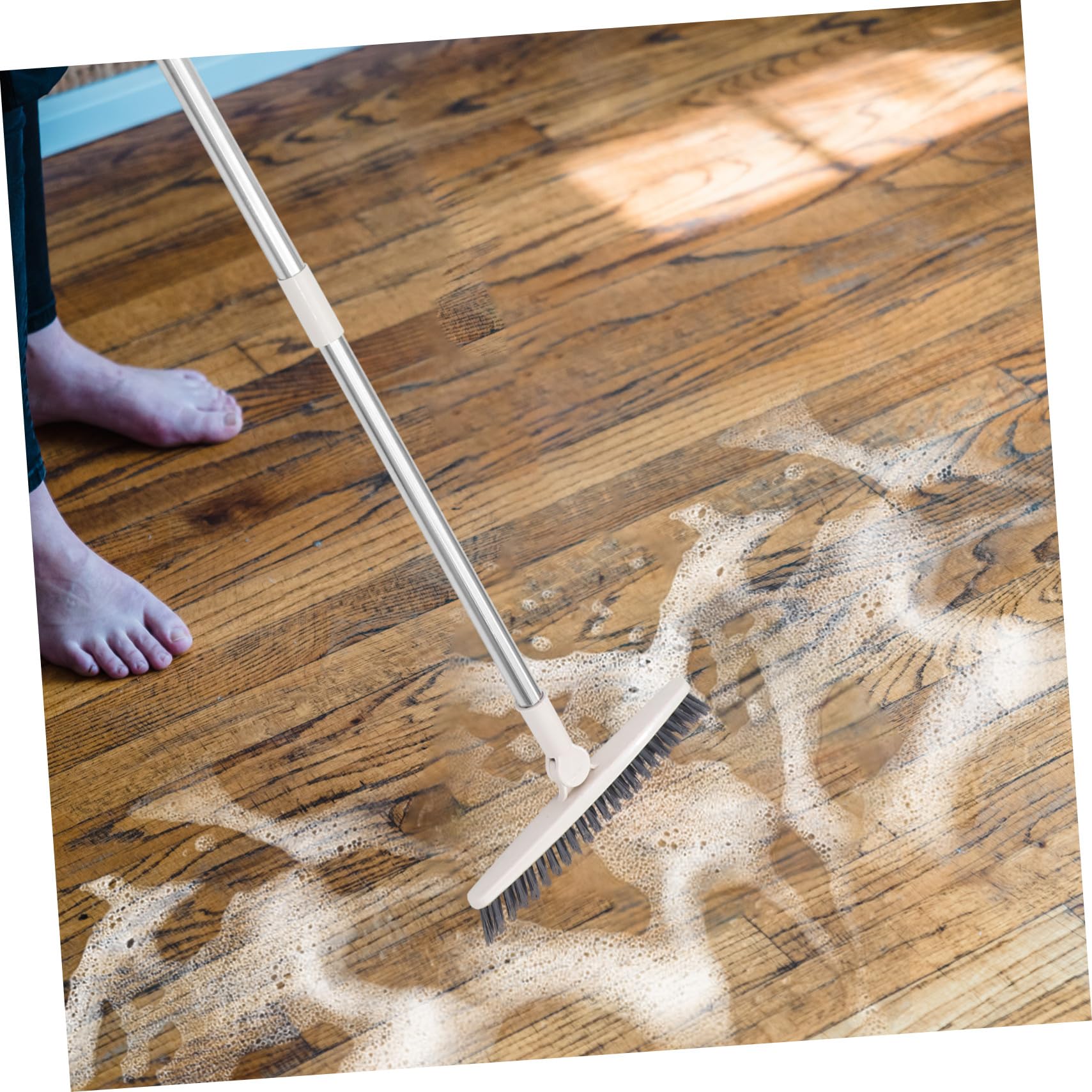 Cepillo para Limpieza Giratoria Fregar y Largo Mango Cabeza para Pisos Multifuncional Herramienta de Plástico y Acero Inoxidable en Ducha y Jardines