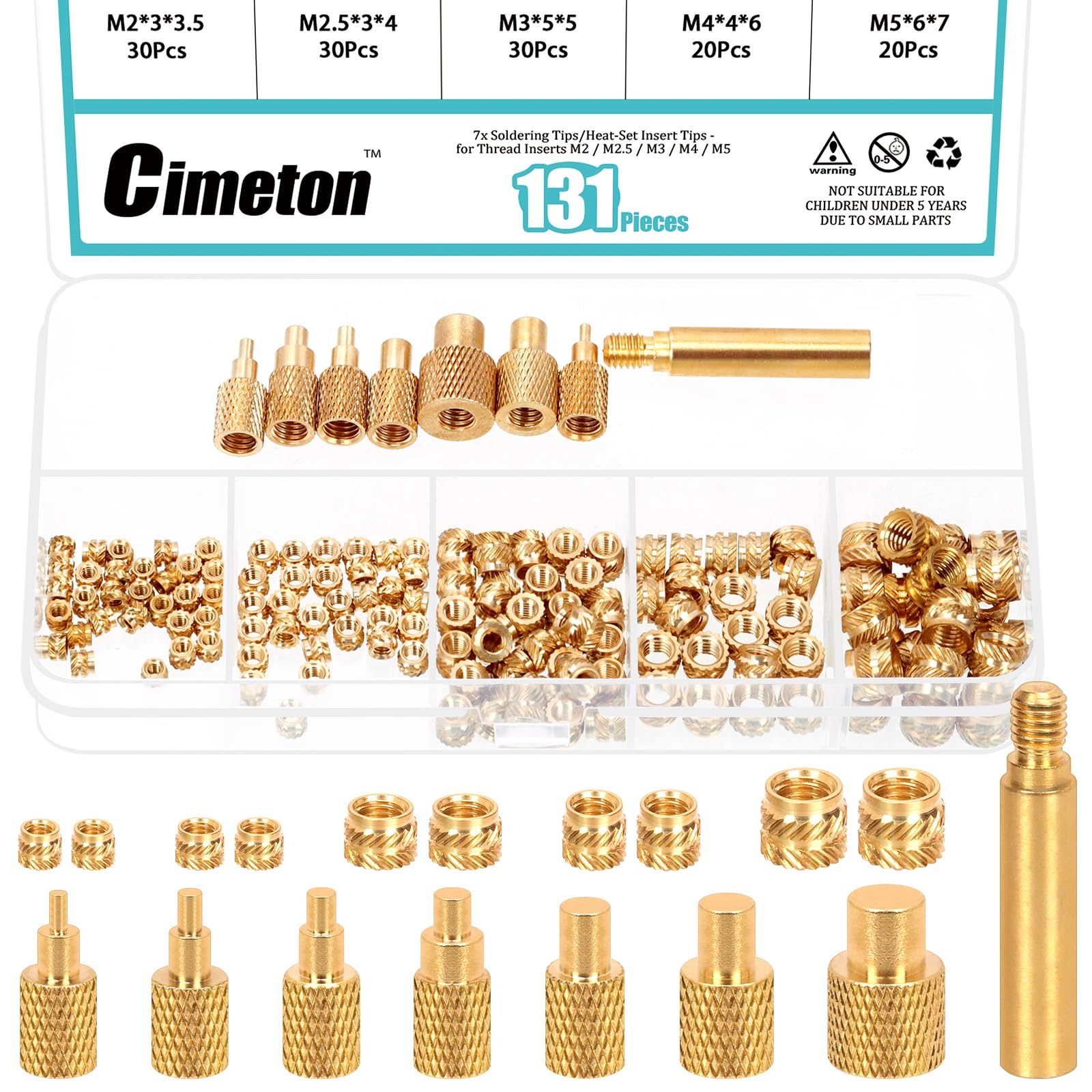 Cimeton130PCS M2 M2.5 M3 M4 M5 Brass Knurled Threaded Insert, 7PCS M6.5 M8 M10 Soldering Tips Heat Set, Metric Knurled Nut Inserts Single-Head Threaded Inserts Tip for 3D Prints and More Projects