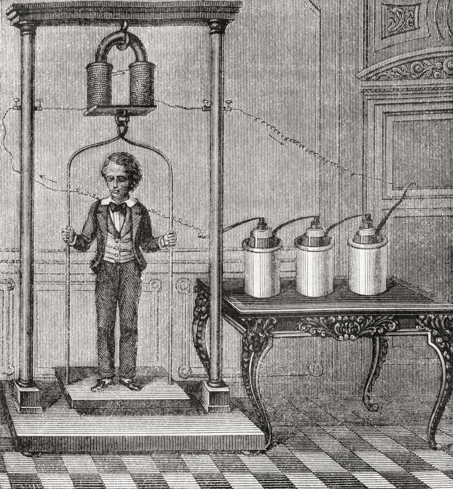 Eksperyment przedstawiający elektromagnes podtrzymujący ciężar chłopca. Z L'Univers Illustre opublikowano Paryż 1859 plakat wydruk autorstwa Kena Welsha (14 x 15)
