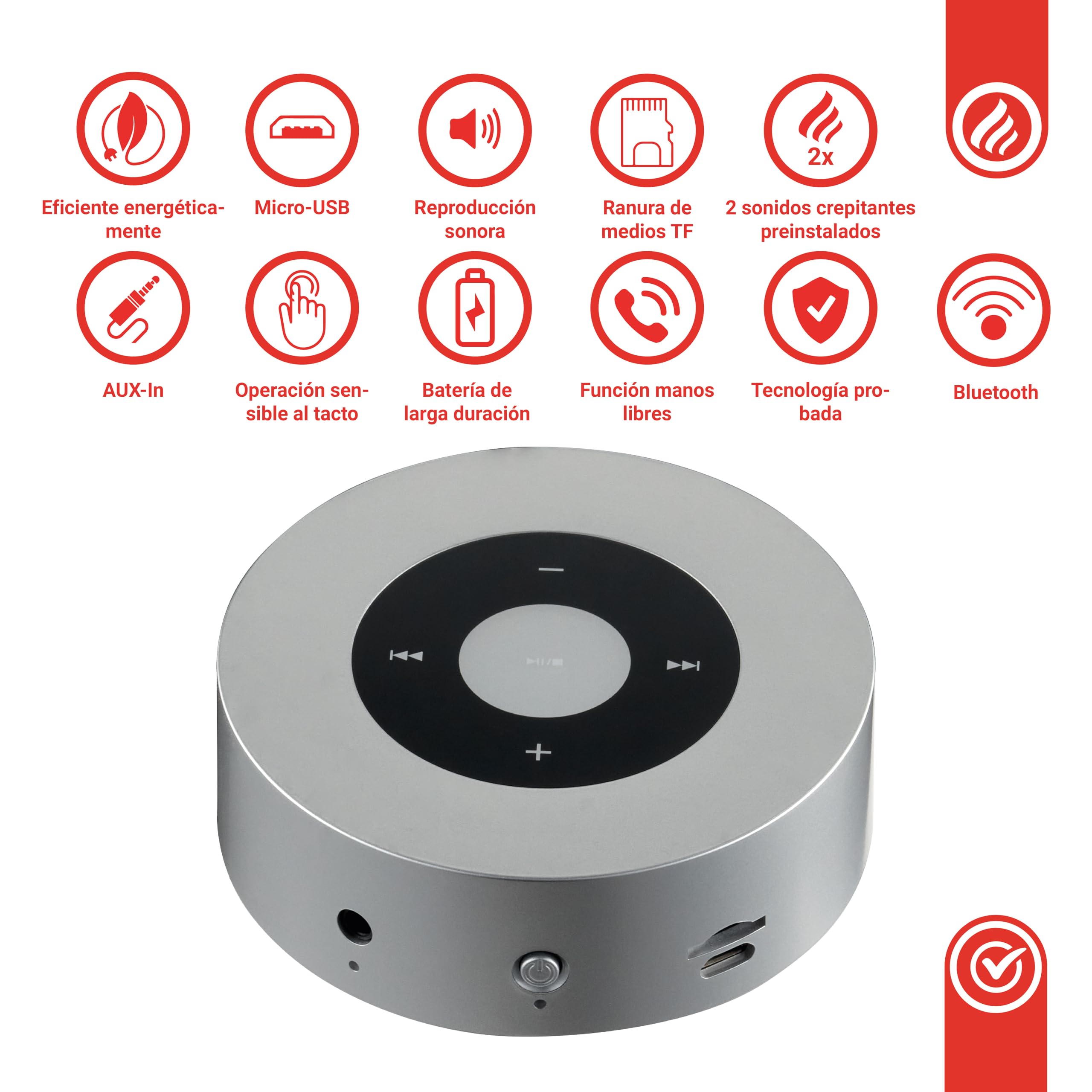 KAMINIO Altavoz crepitante Moritz - Potente Caja de Sonido con Sonidos de Fuego de Chimenea, Bluetooth, AUX, micrófono, batería - Plateado