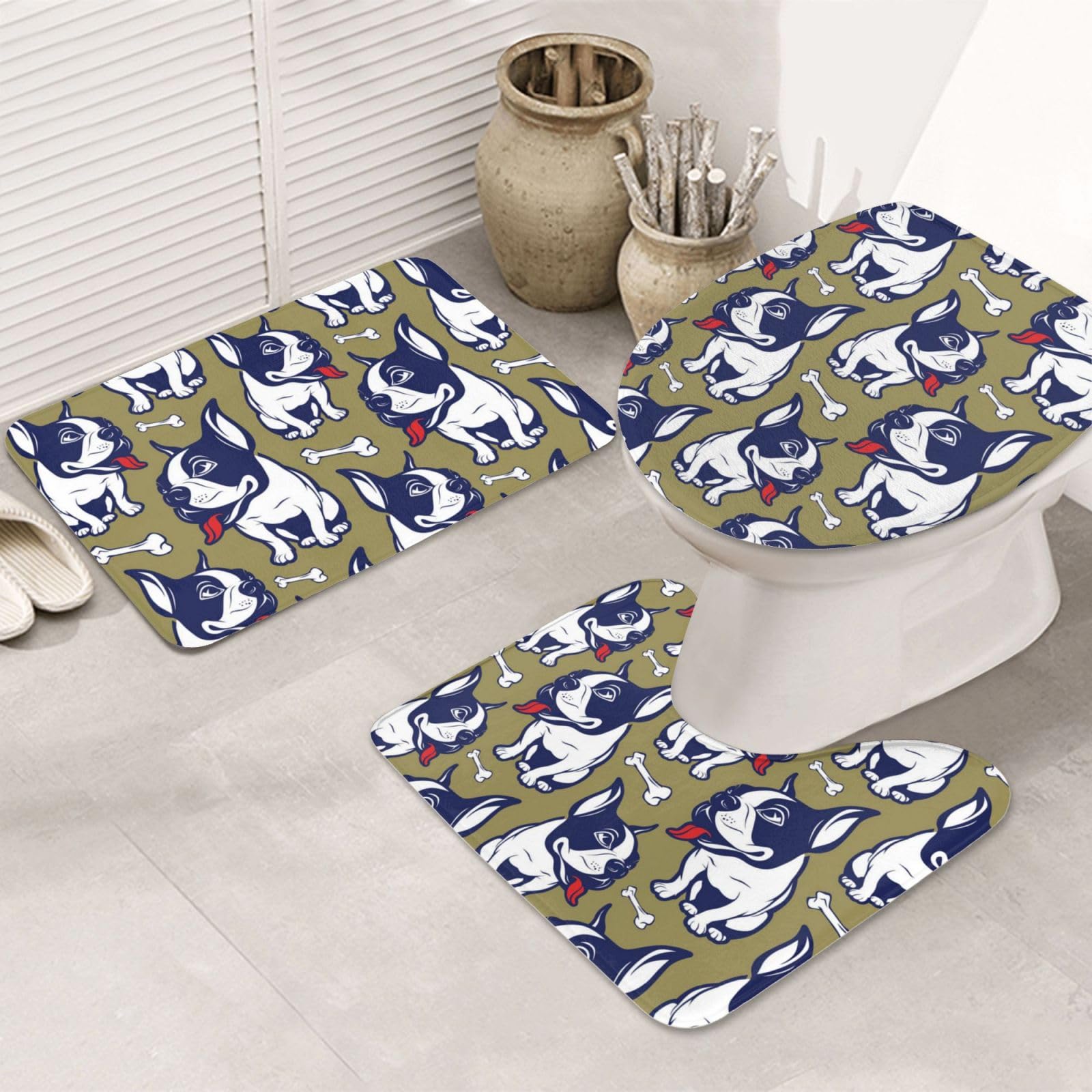 Tapis de bain bouledogue français (lot de 3) avec housse WC OUSIKA