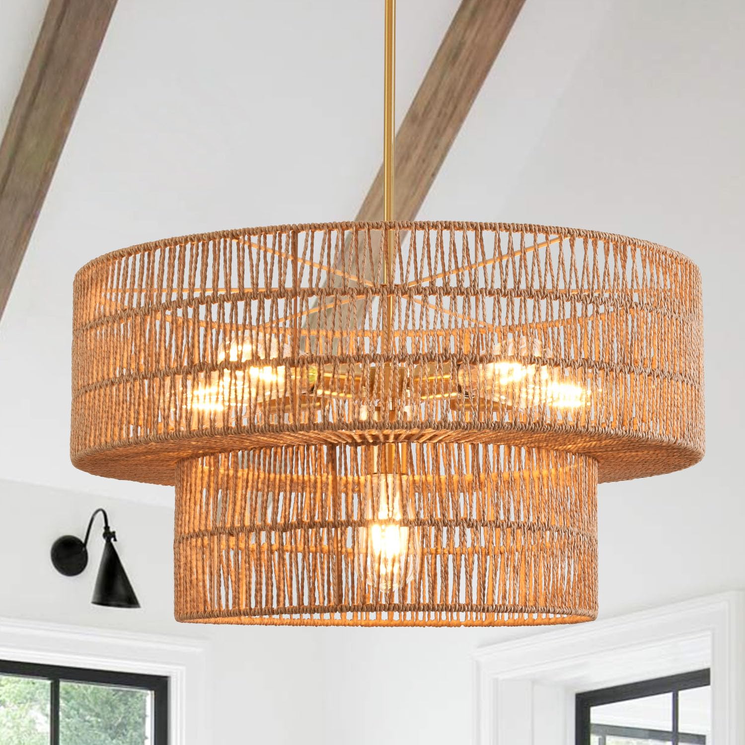 23.62" 6-Light Rattan Farmhouse Chandelier, Boho Large Pendant Light, Large Wicker Chandelier Light Fixtures, Hand Woven Chandeliers, for Dining Room